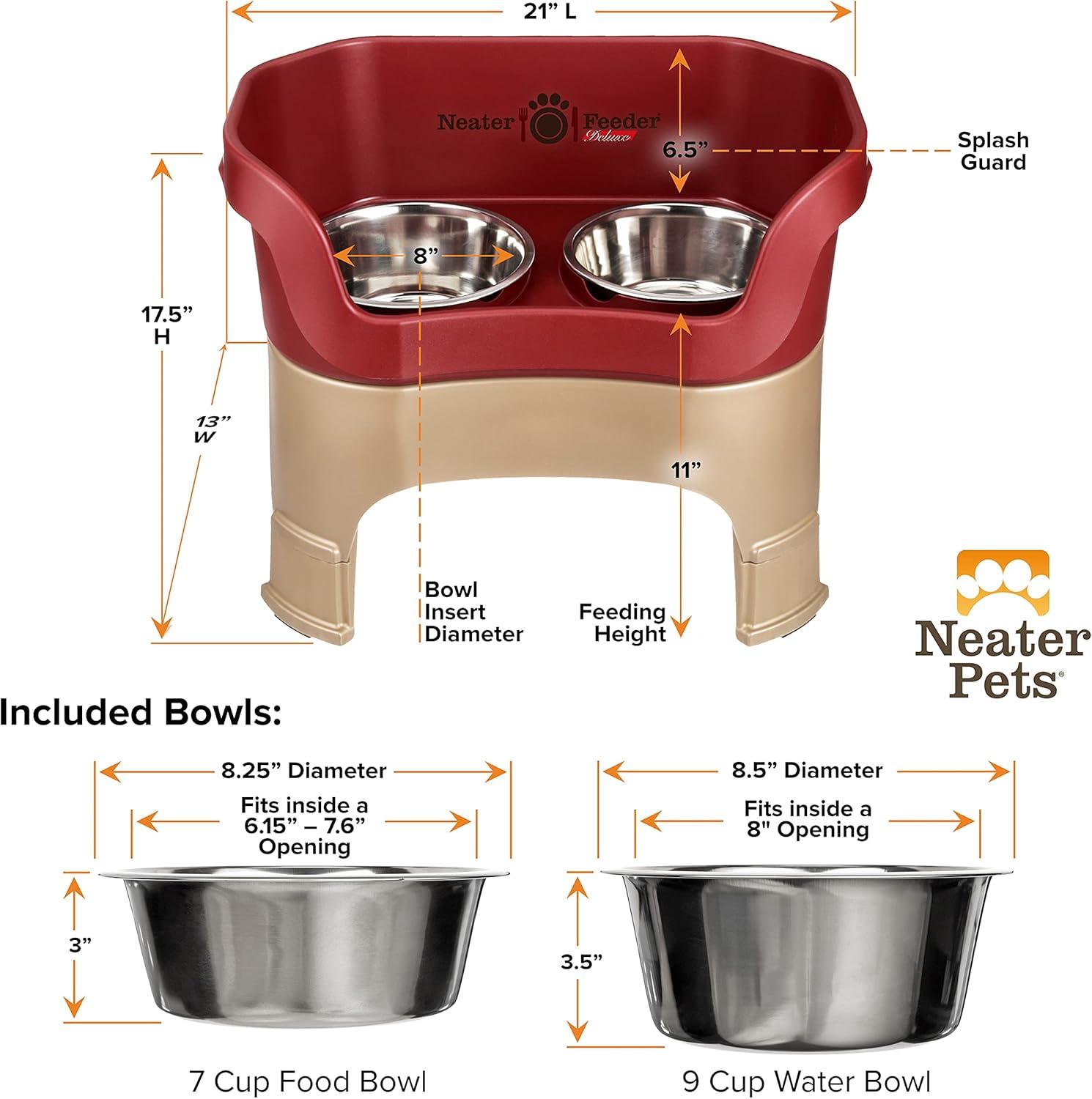 Neater Feeder Deluxe Mess Proof Dog Bowls Elevated for Large Dogs – Made in USA – No Spill Raised Dog Food Bowl Stand w/Leg Extensions – Stainless Steel Dog Food and Water Bowl Set – Red