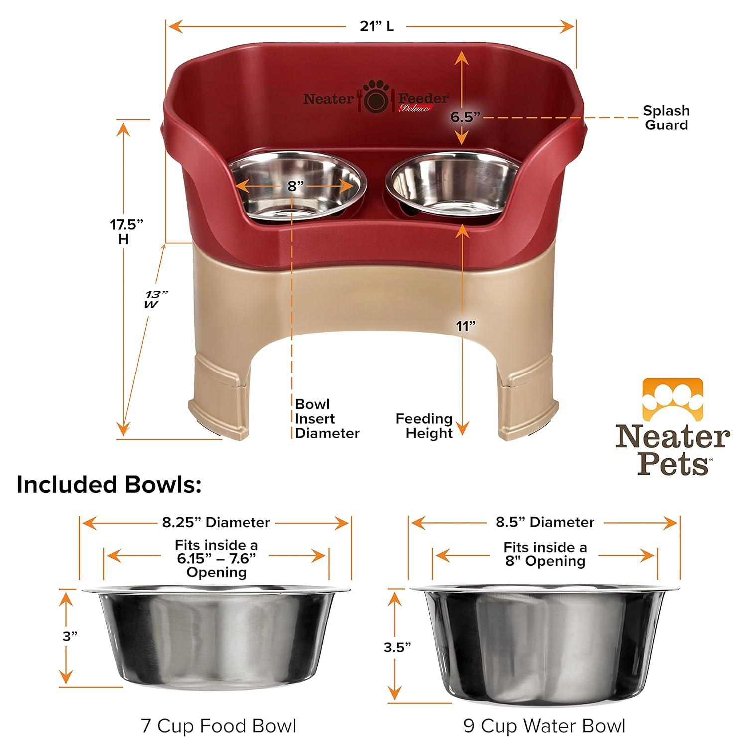 Neater Feeder Deluxe Mess Proof Dog Bowls Elevated for Large Dogs – Made in USA – No Spill Raised Dog Food Bowl Stand w/Leg Extensions – Stainless Steel Dog Food and Water Bowl Set – Red
