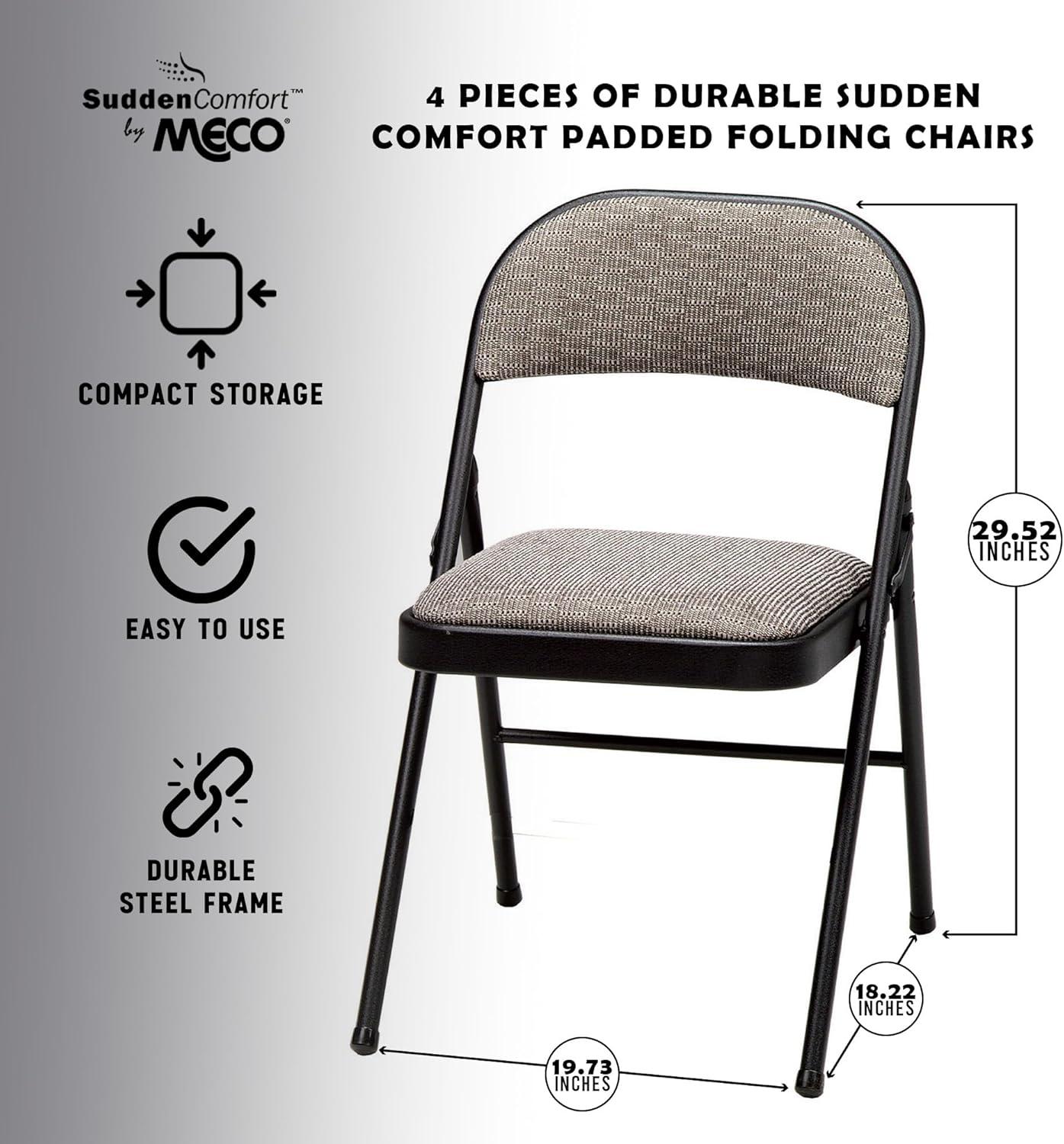 MECO Sudden Comfort Deluxe Metal Fabric Padded Folding Chair Set for Indoor Home Special Occasions or Outdoor Events, Black (Set of 4)