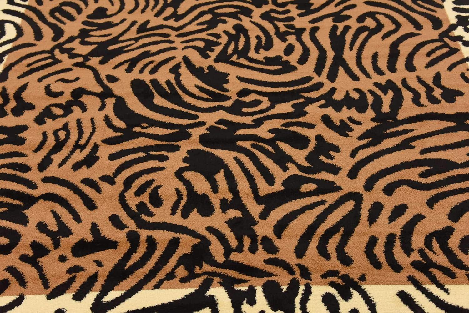 6' Square Light Brown and Black Animal Print Rug