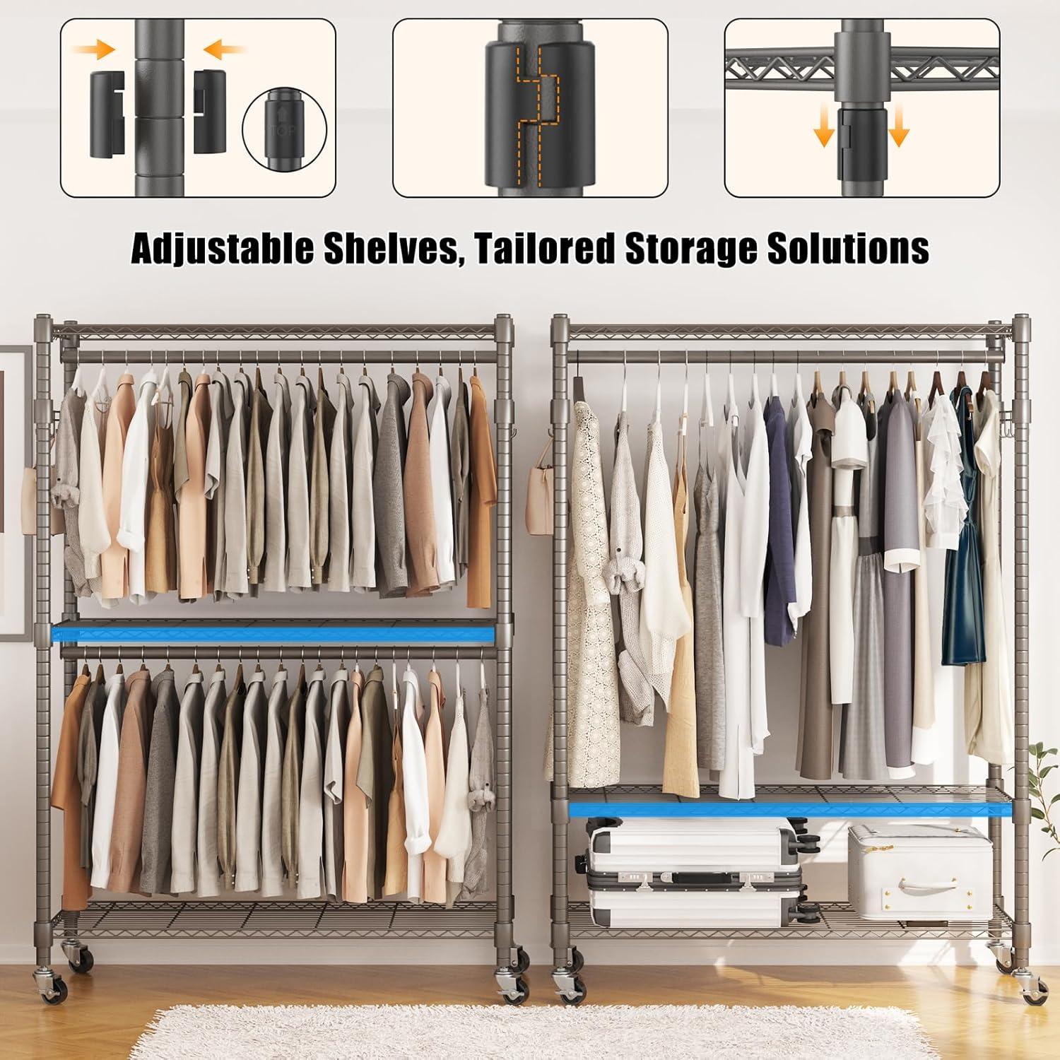 Heavy Duty Chrome Portable Garment Rack with Adjustable Shelves