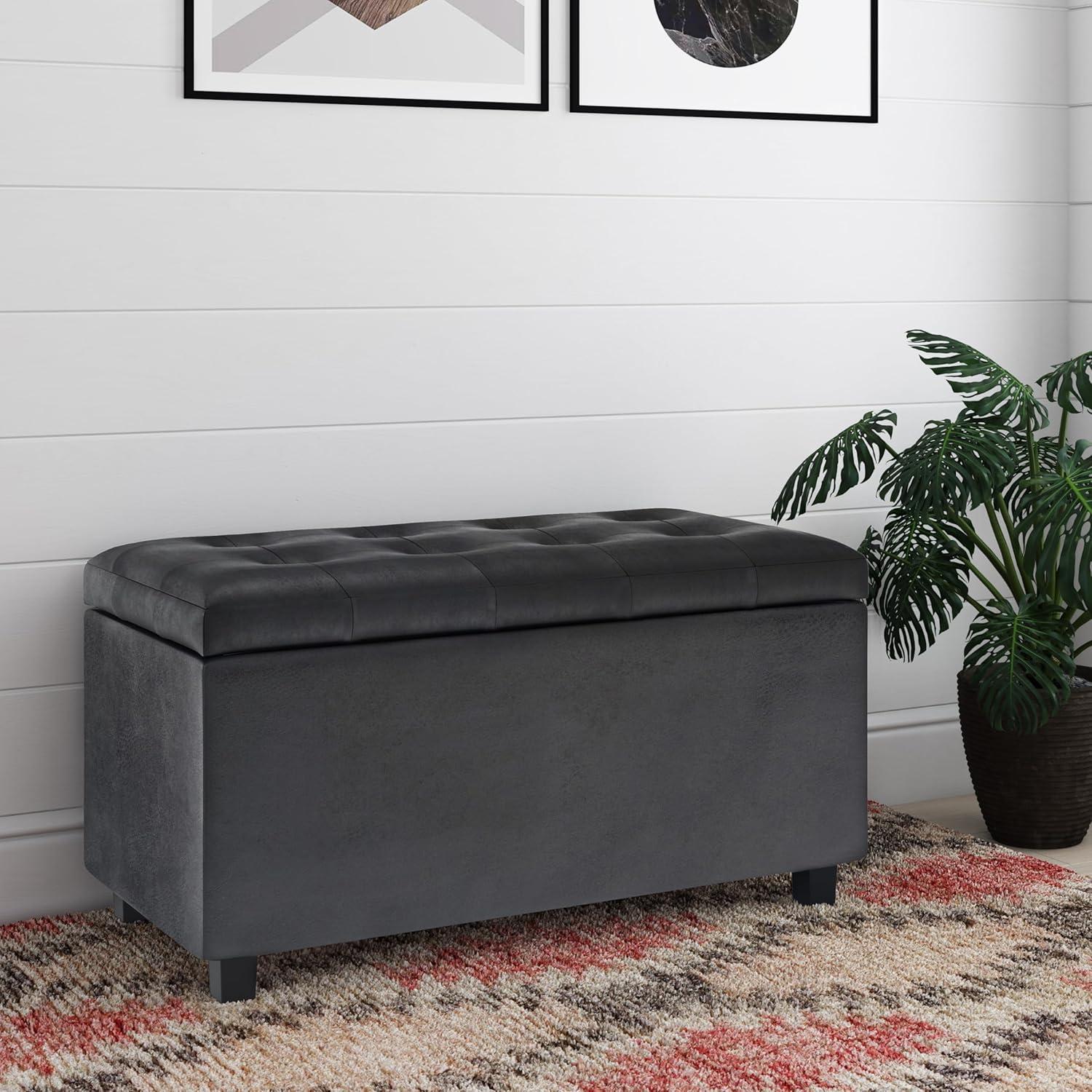 Simpli Home Cosmopolitan 34" Transitional Rectangle Ottoman in Black Faux Leather