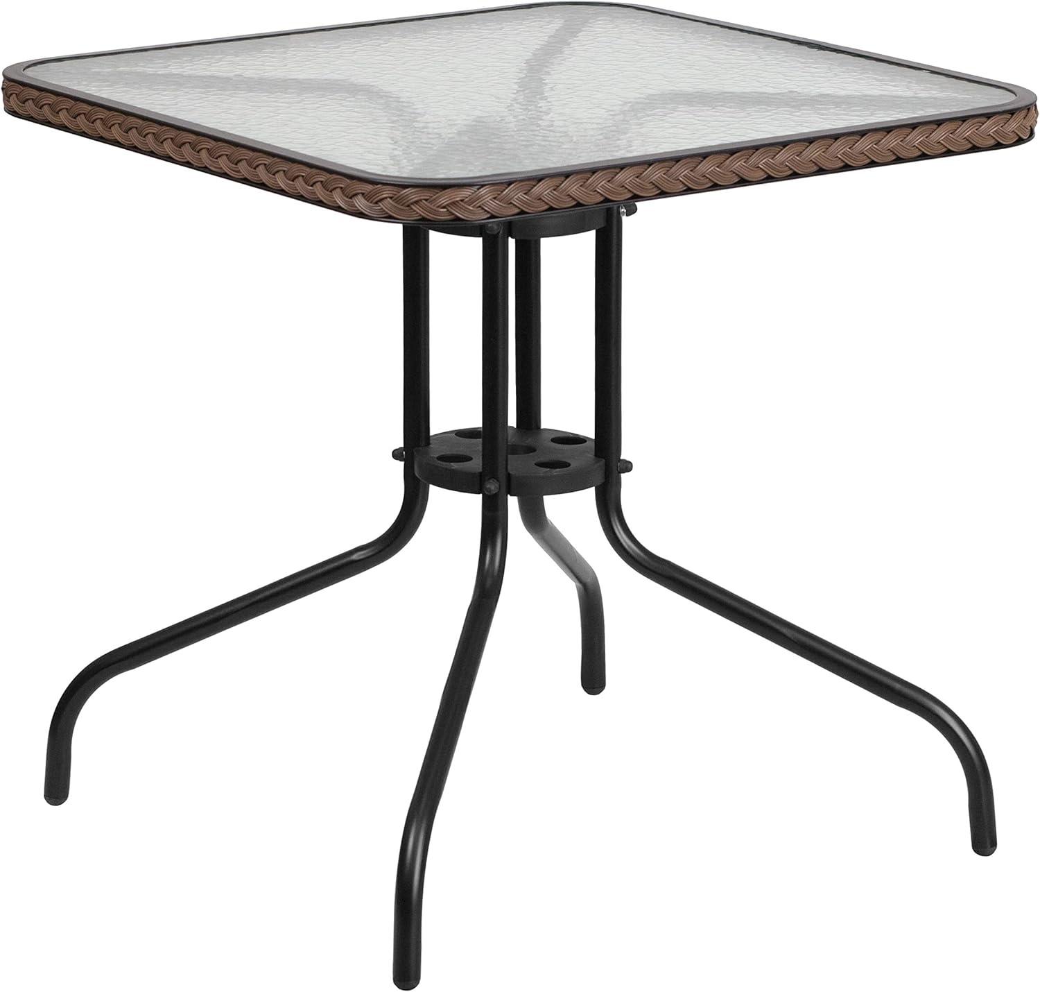 Flash Furniture Lila 28'' Square Glass Metal Table with Dark Brown Rattan Edging and 2 Dark Brown Rattan Stack Chairs