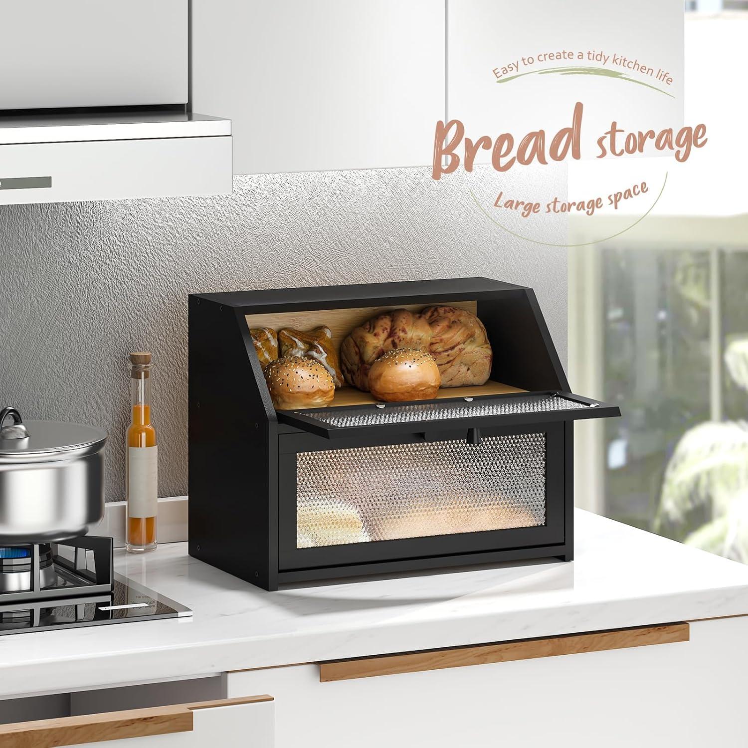 Bread Box For Kitchen Countertop Bin Double Layer Bread Box Storage Container Extra Large Capacity Farmhouse Bread Box With Diamond Pattern Windows