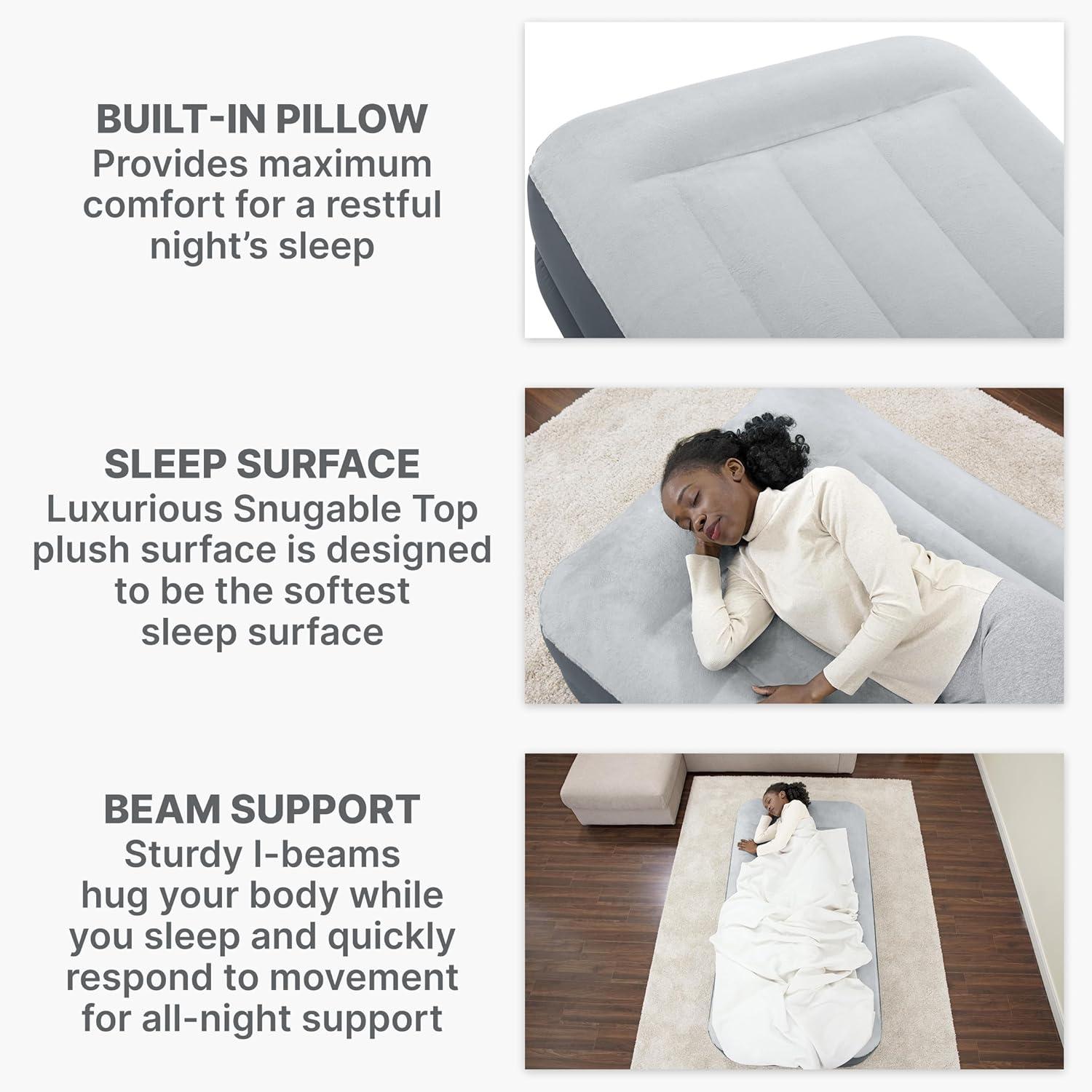 Twin Gray Polyester Inflatable Air Mattress with Built-in Pump