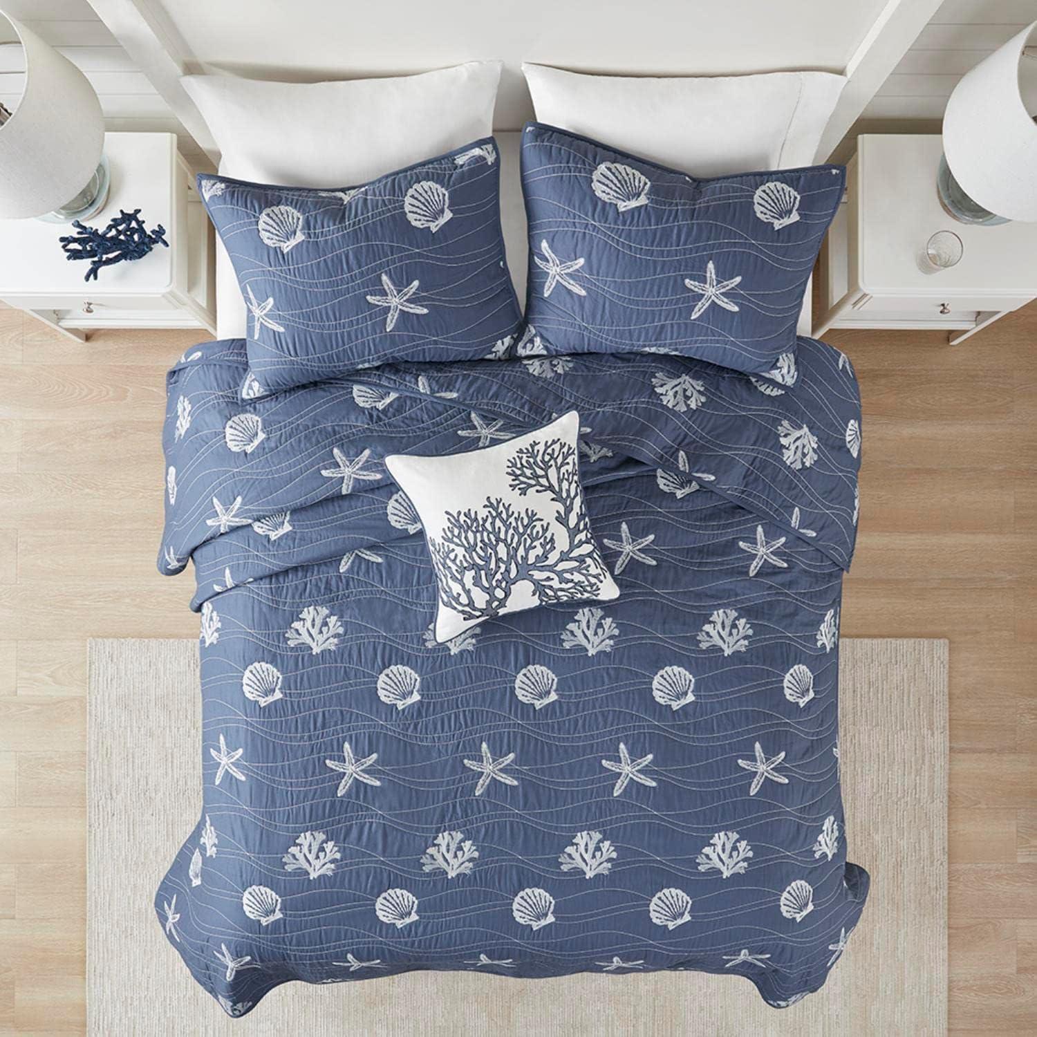 Seaside 4 Piece Cotton Reversible Embroidered Quilt Set
