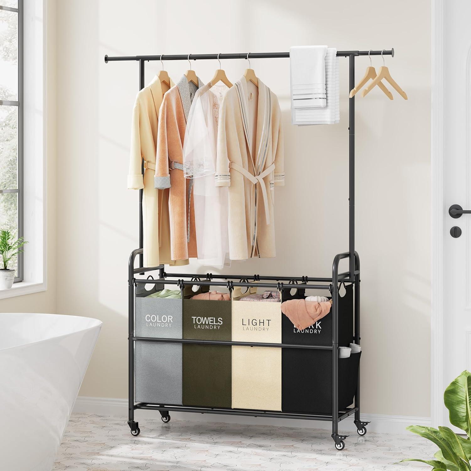 Black Metal Laundry Cart with Hanging Rack and Wheels