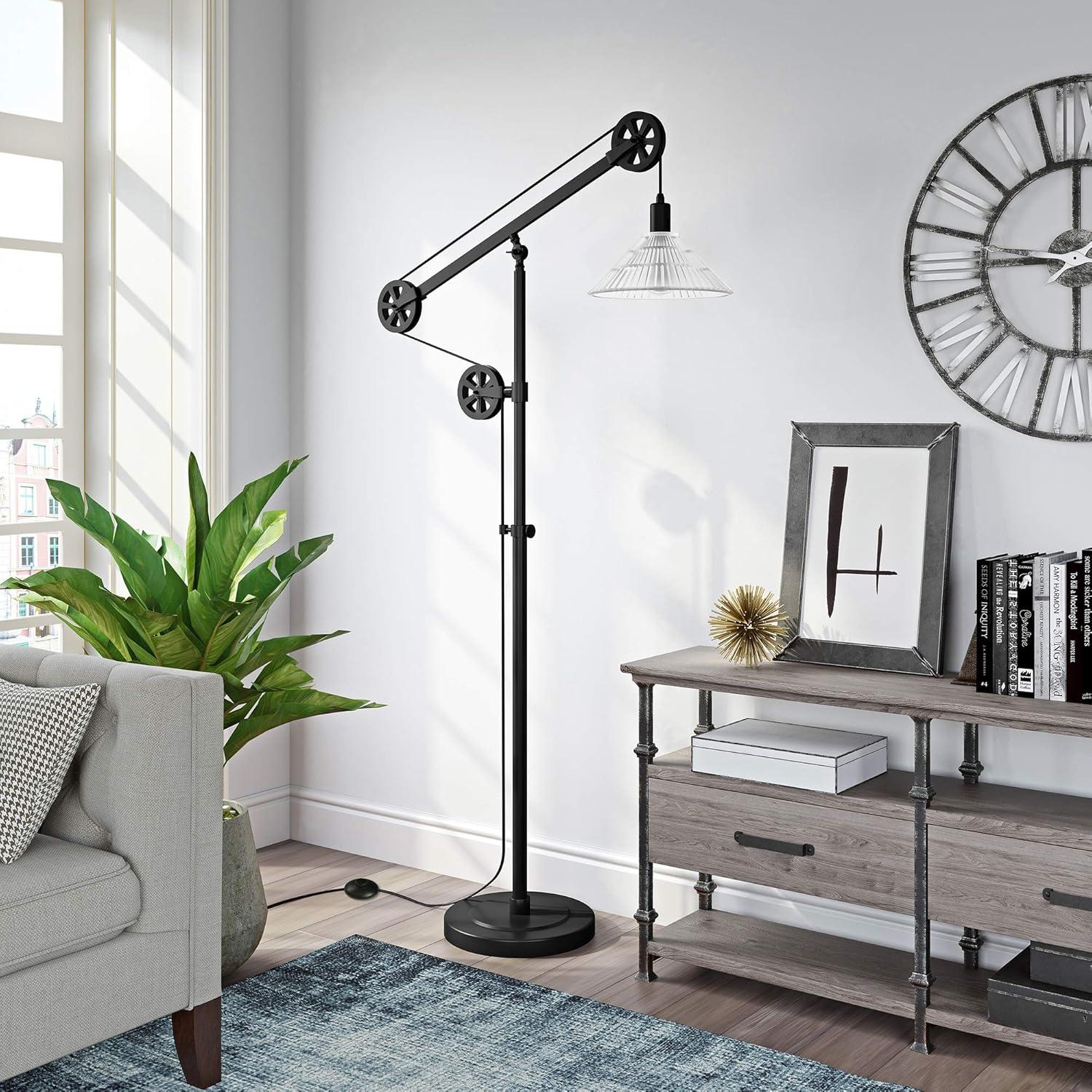 Adjustable Blackened Bronze Floor Lamp with Ribbed Glass Shade and Smart Home Compatibility, 70" Tall