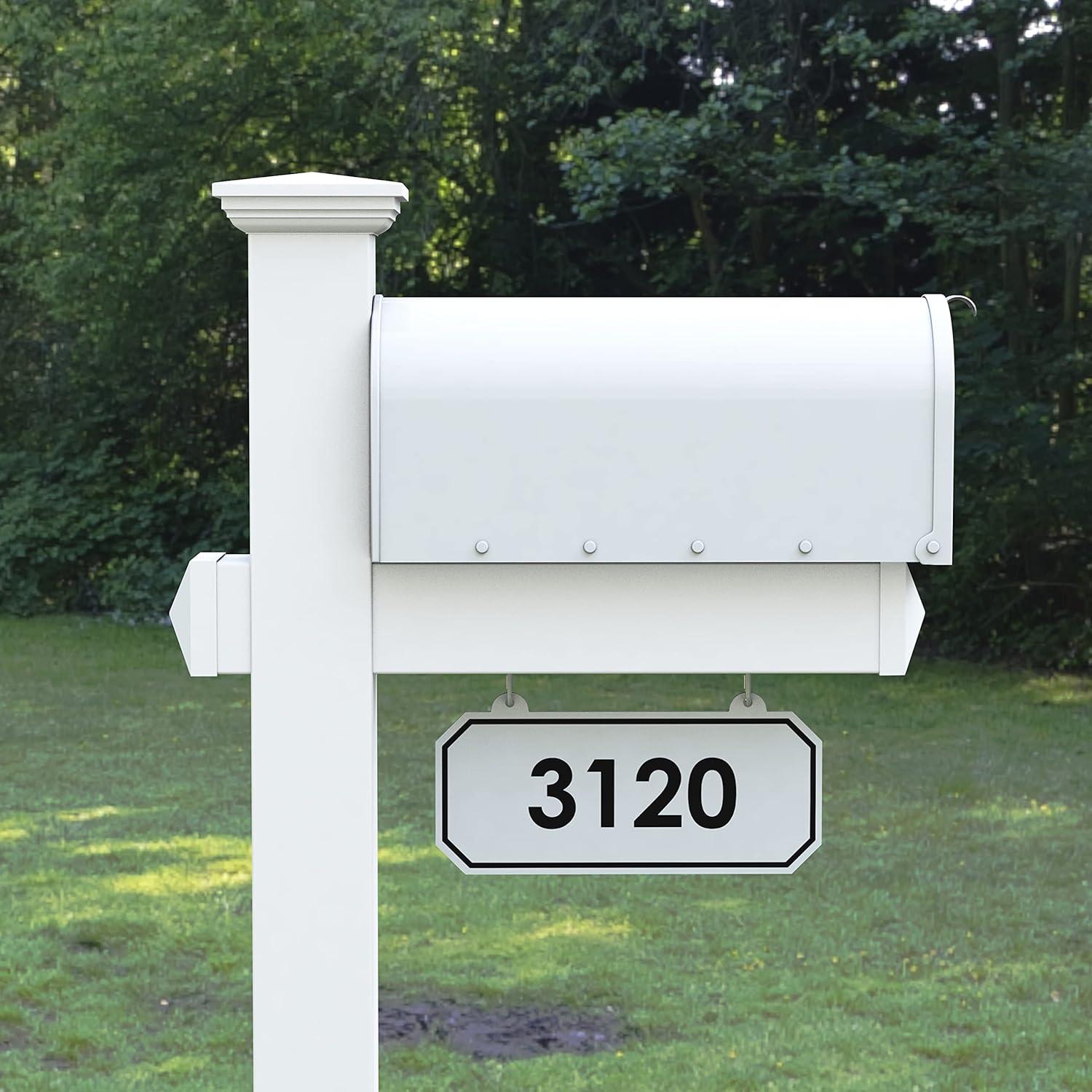 The Harrison Mailbox System with White Vinyl Post Combo, Stand, and Black Mailbox Included