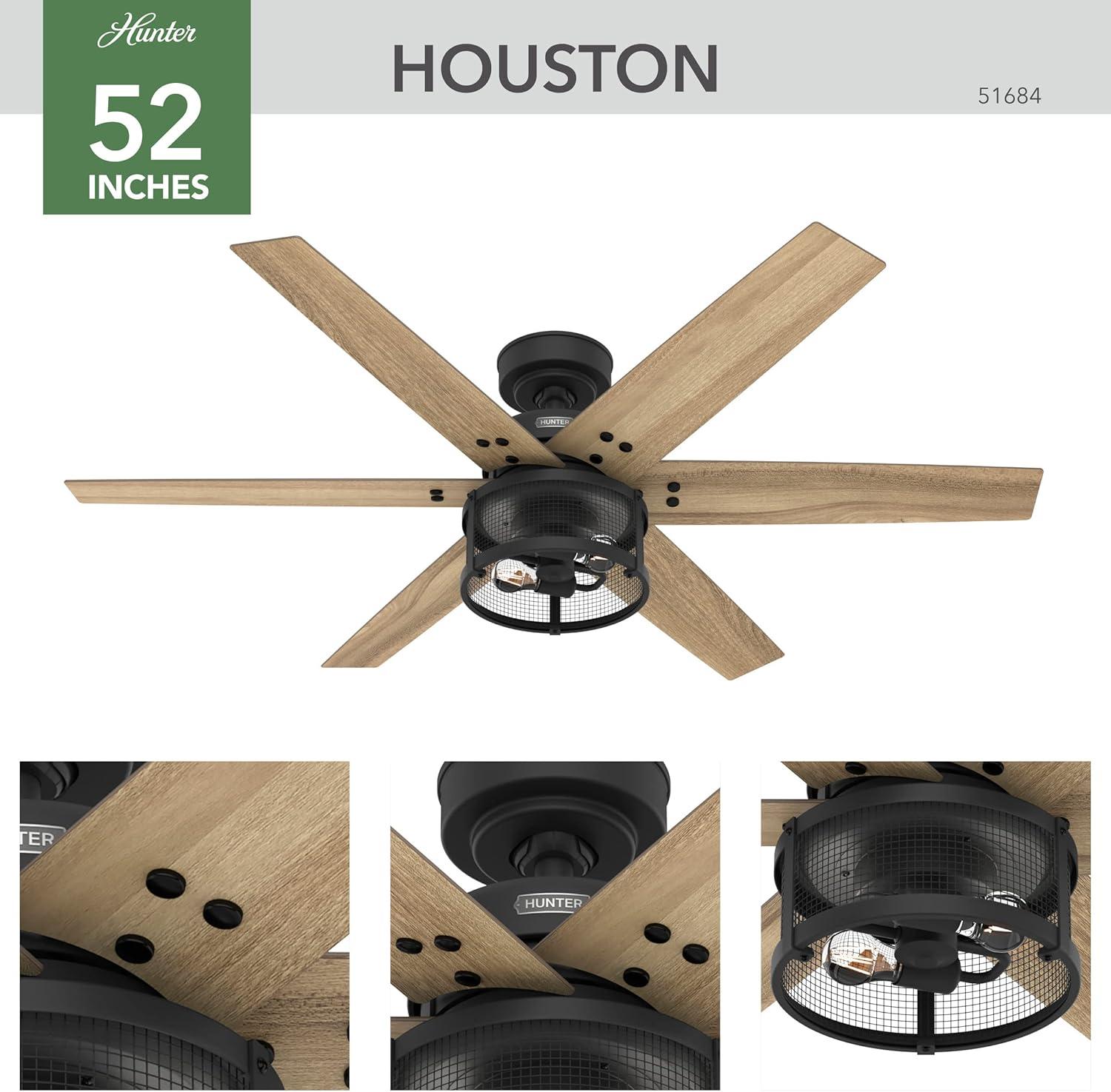 Houston 52" Matte Black 6-Blade Ceiling Fan with LED Lighting & Remote