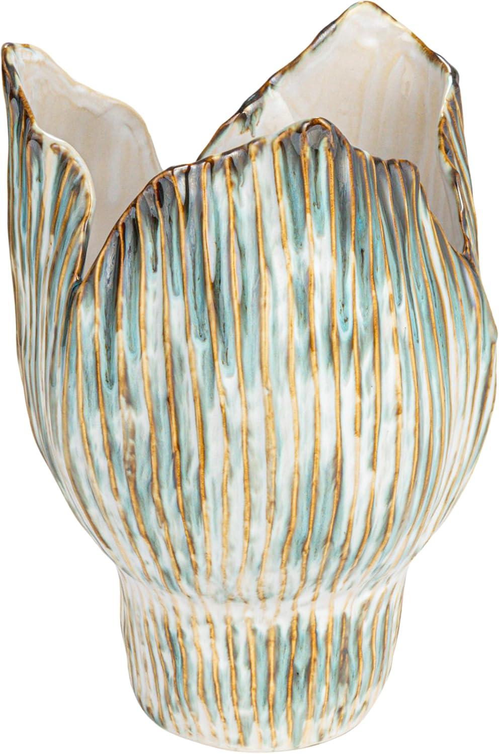 Creative Co-Op Stoneware Pleated Sculptural Vase with Reactive Glaze, Green and White