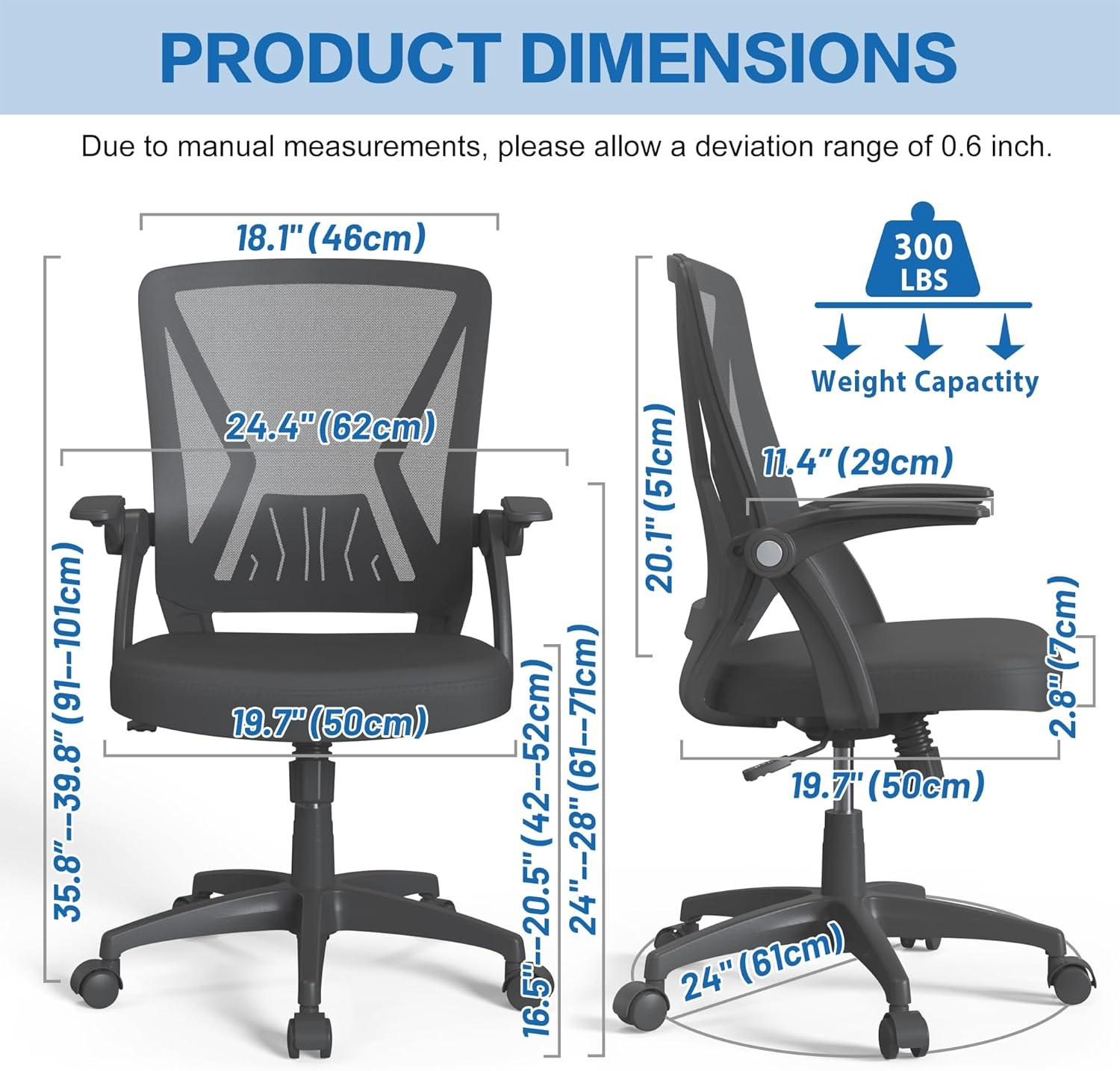 KOLLIEE Mid Back Mesh Office Chair Ergonomic Swivel Black Mesh Computer Chair Flip Up Arms with Lumbar Support Adjustable Height Task Chair