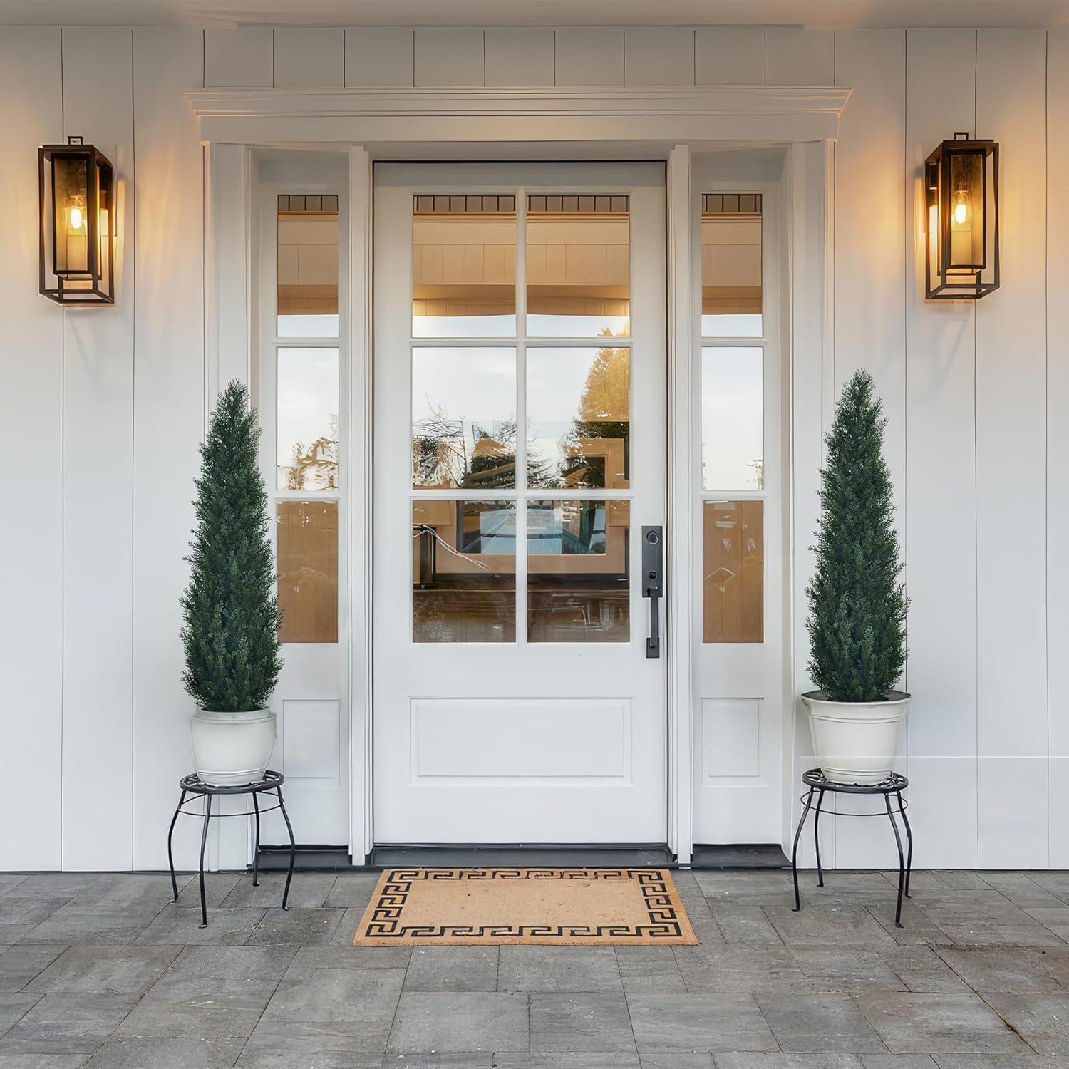 2 Pack 3ft Artificial Cedar Topiary Trees for Outdoors, Fake Cypress Plants with Solar Light String, Faux uv resistant Plants for Home Front Porch Decor, Housewarming Gift