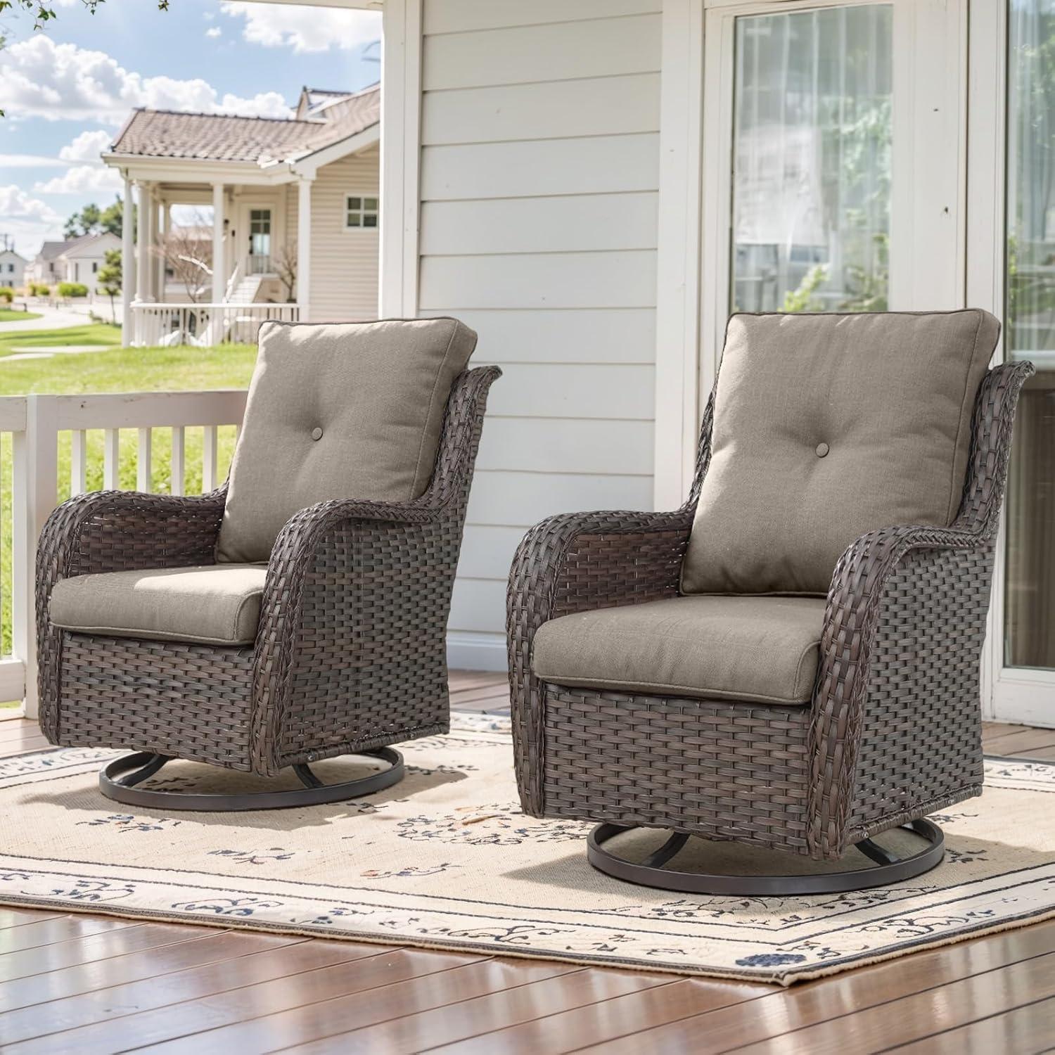 Mixed Grey Wicker Swivel Rocker Chairs with Blue Cushions