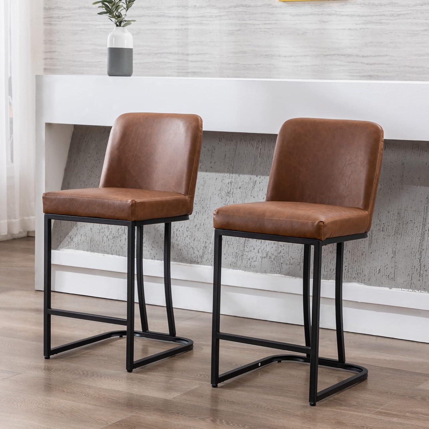 Brown Counter Height Bar Stools Set of 2 for Kitchen Counter 24 Inch Backless Modern Barstools Industrial Upholstered Faux Leather Stools Farmhouse Island Chairs,Support 330 LBS, Brown