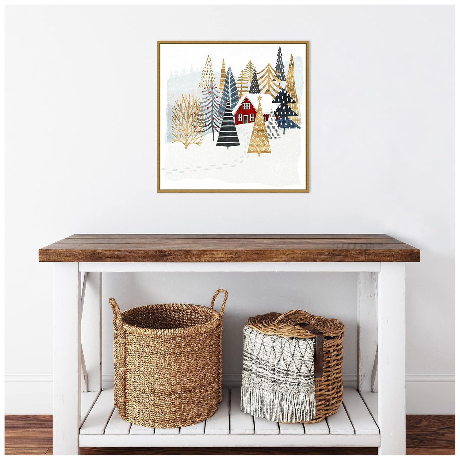 22" x 22" Christmas Chalet I Tree Framed Wall Canvas - Amanti Art