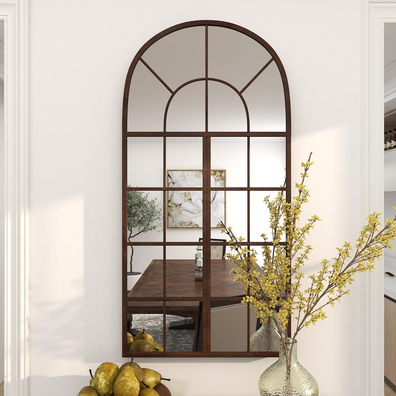 DecMode 24" x 48" Brown Window Pane Inspired Wall Mirror with Arched Top