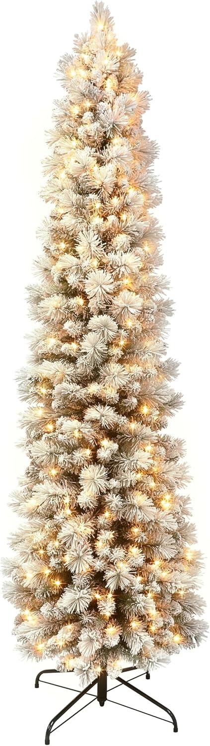 6.5-Foot Green and White Pre-Lit Flocked Pine Christmas Tree