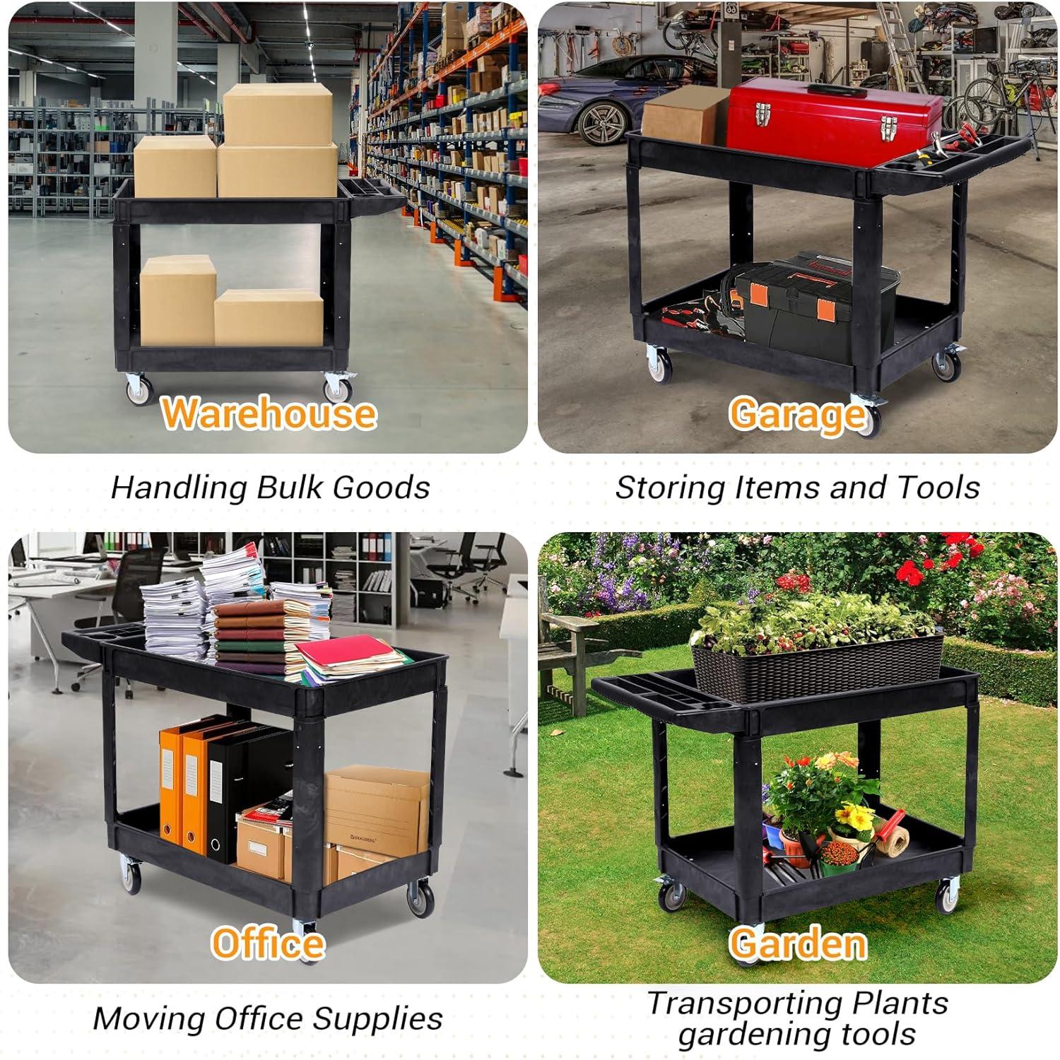 Black Heavy Duty Polypropylene 2-Shelf Rolling Utility Cart with Ergonomic Handle