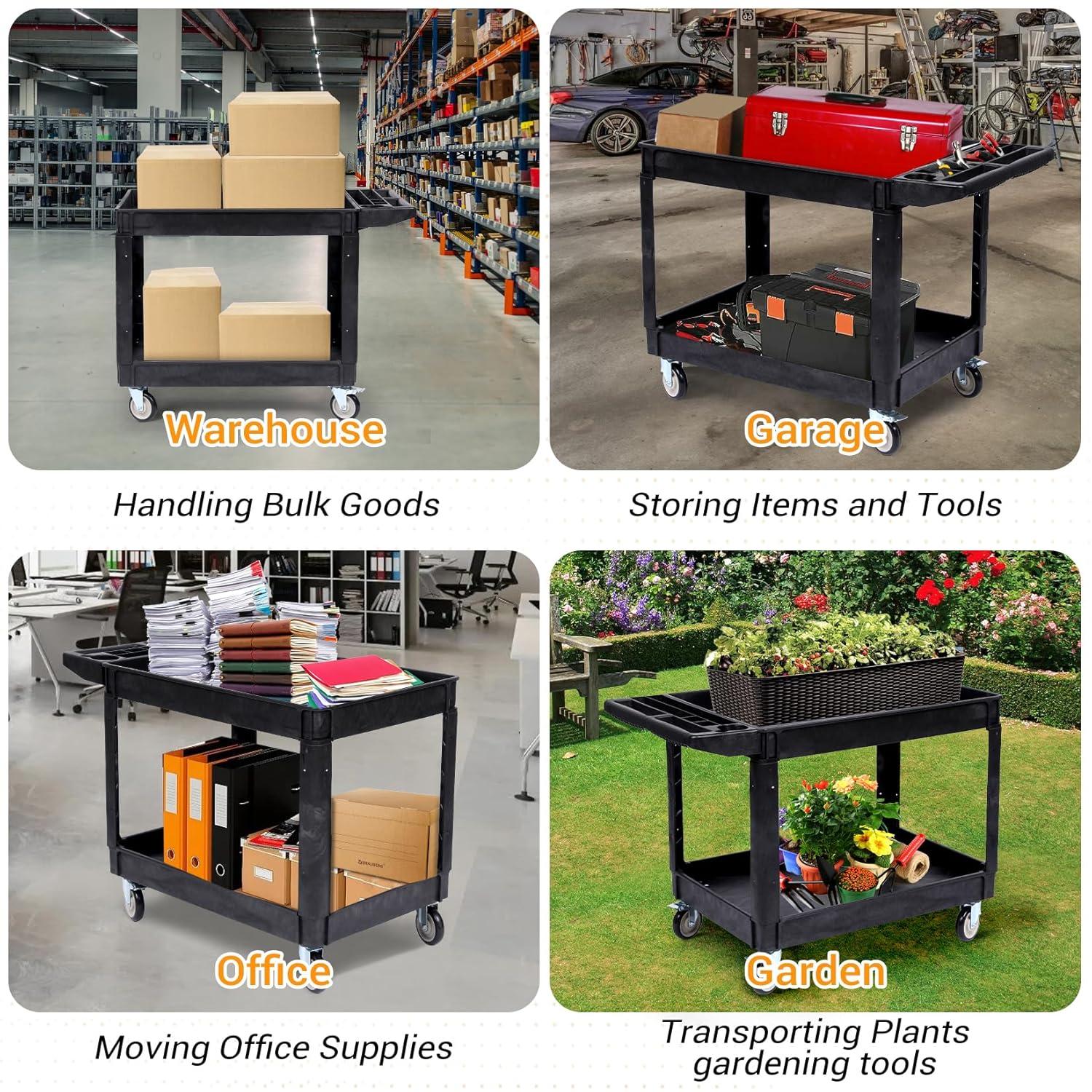 Black Heavy Duty Polypropylene 2-Shelf Rolling Utility Cart with Ergonomic Handle