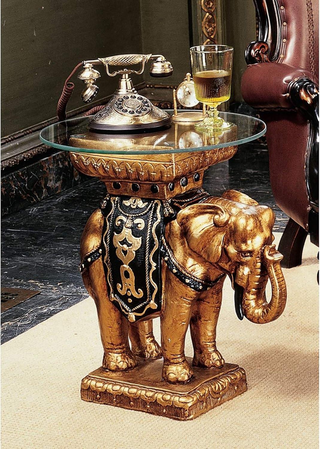 Majestic Maharajah Elephant 18" Glass-Topped Side Table in Black and Gold