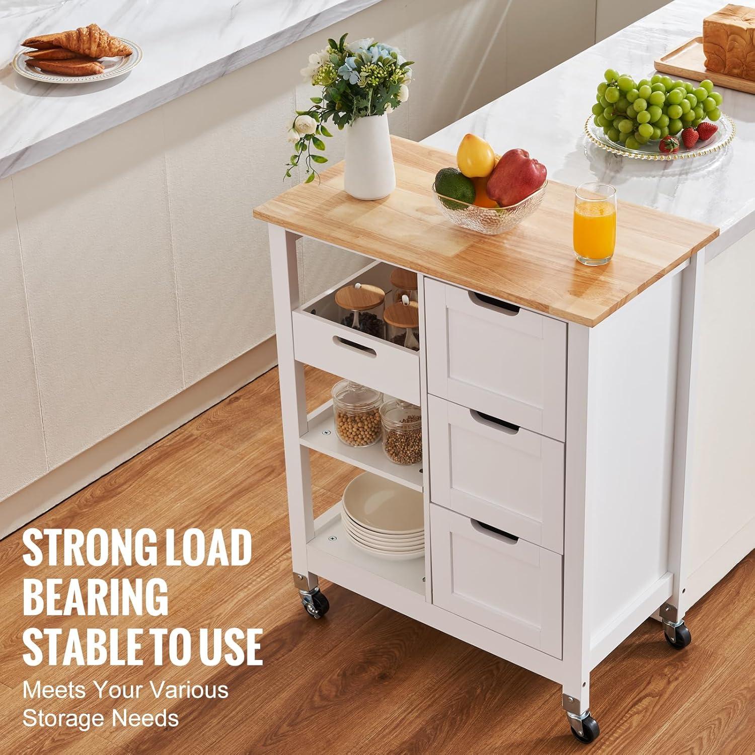 White Wood Kitchen Cart with Spice Rack and Storage