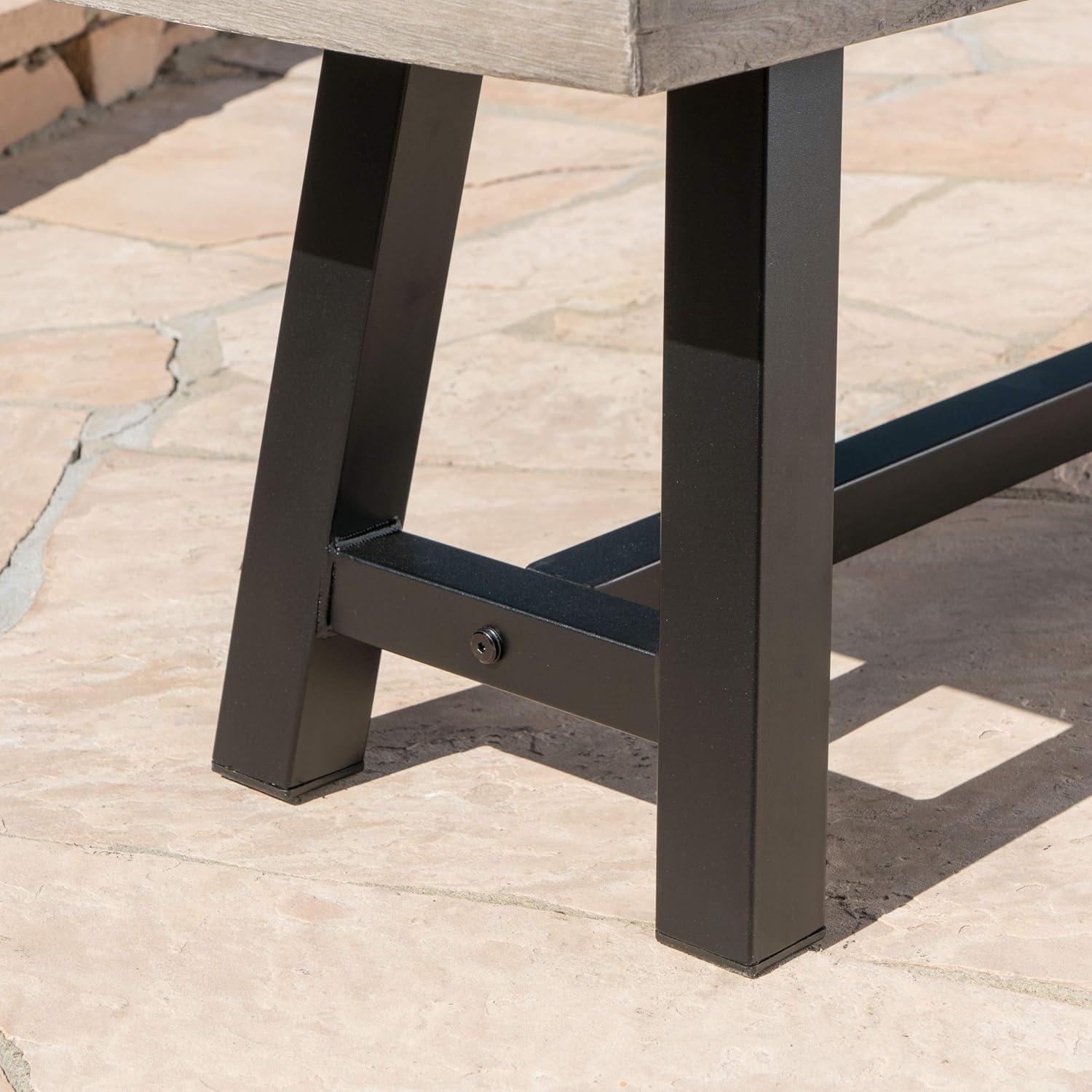 GDF Studio Triton Outdoor Acacia Wood and Wicker 6 Piece Dining Set with Bench, Light Gray Sandblasted and Gray