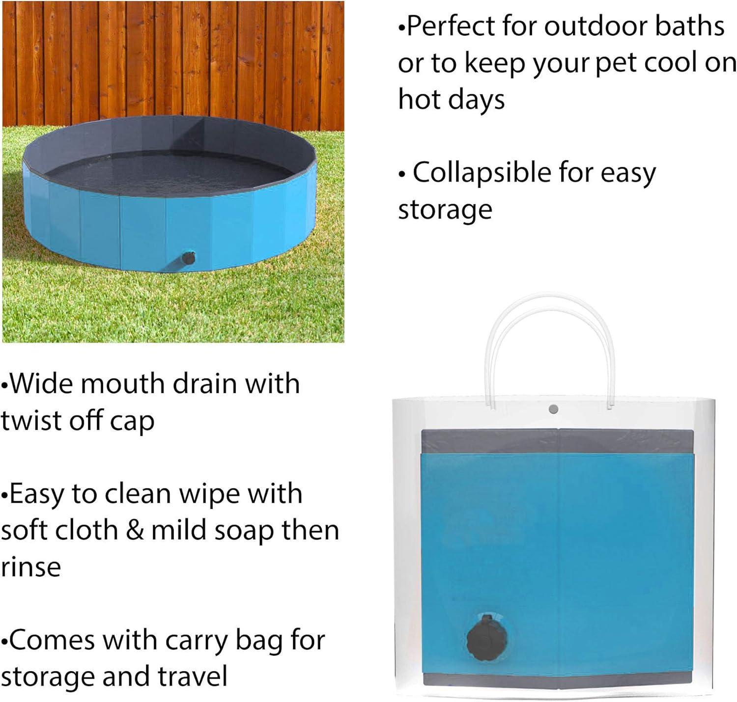 Portable Dog Pool for Large Dogs - Foldable Plastic Bathing Tub with Drain and Carrying Bag for Pets and Backyard Play with Kids by PETMAKER (Blue)