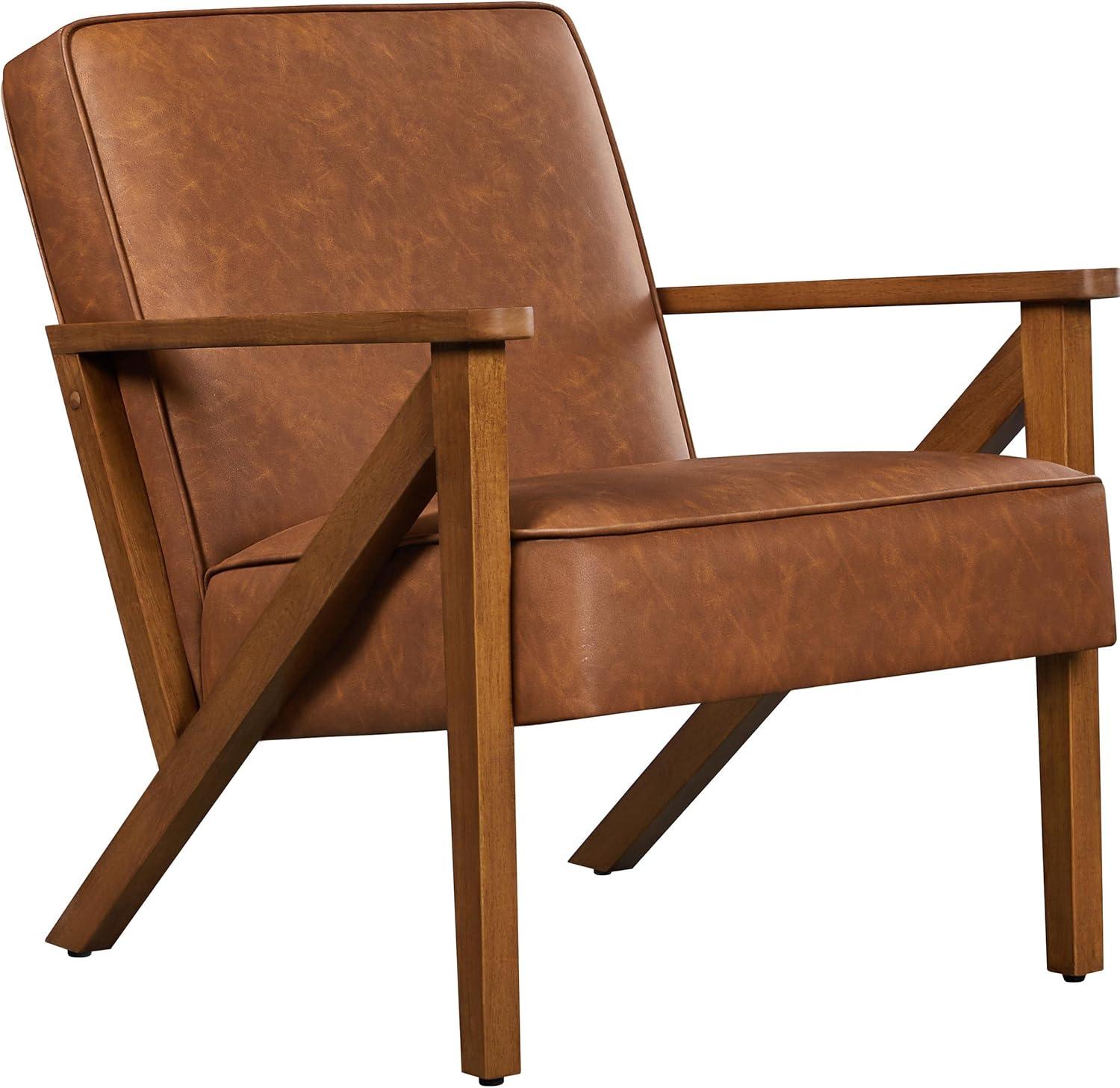 Yaheetech Faux Leather Armchair Accent Chair with Wood Legs for Living Room, Light Brown