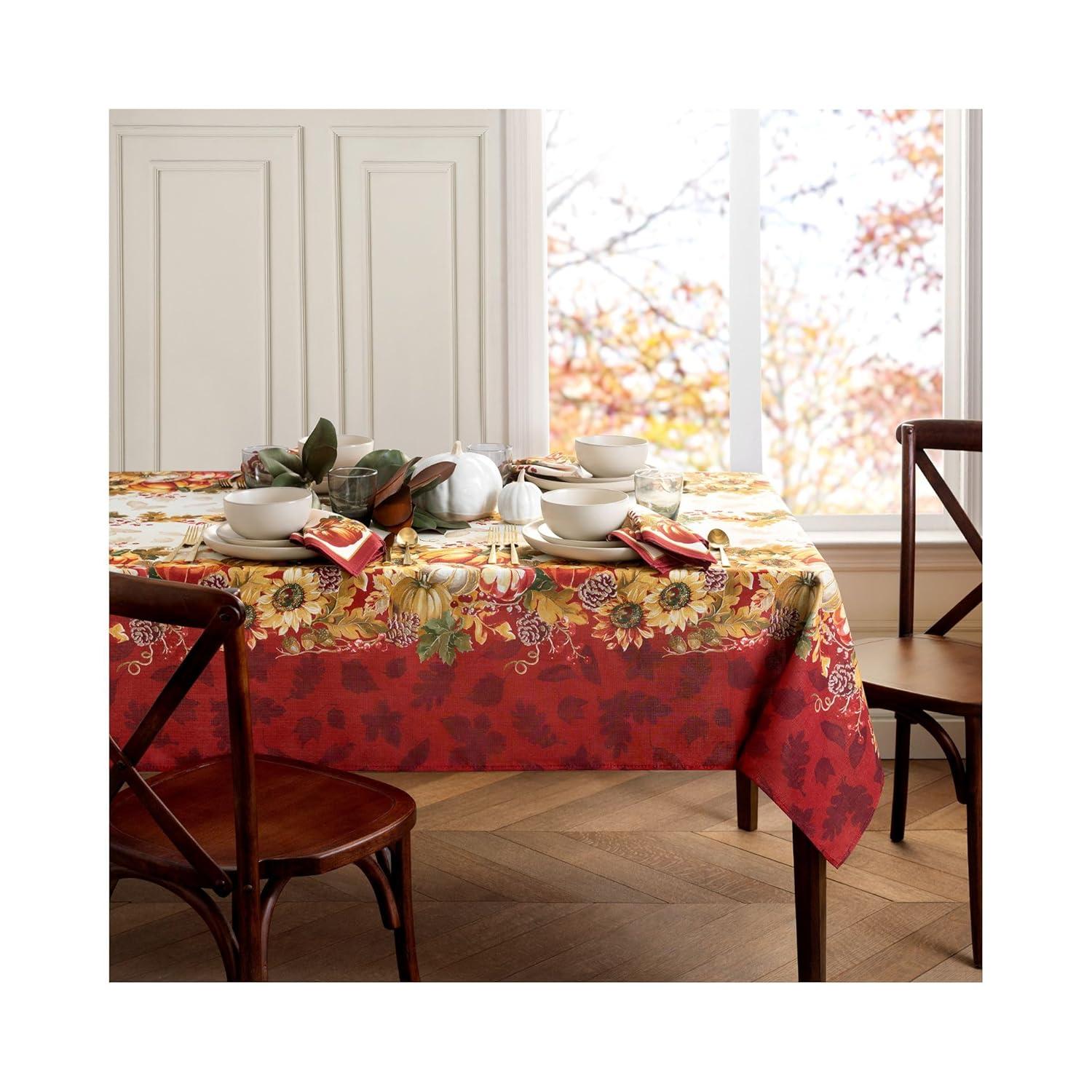 Swaying Leaves Bordered Fall Tablecloth - 52" x 70" - Red/White - Elrene Home Fashions