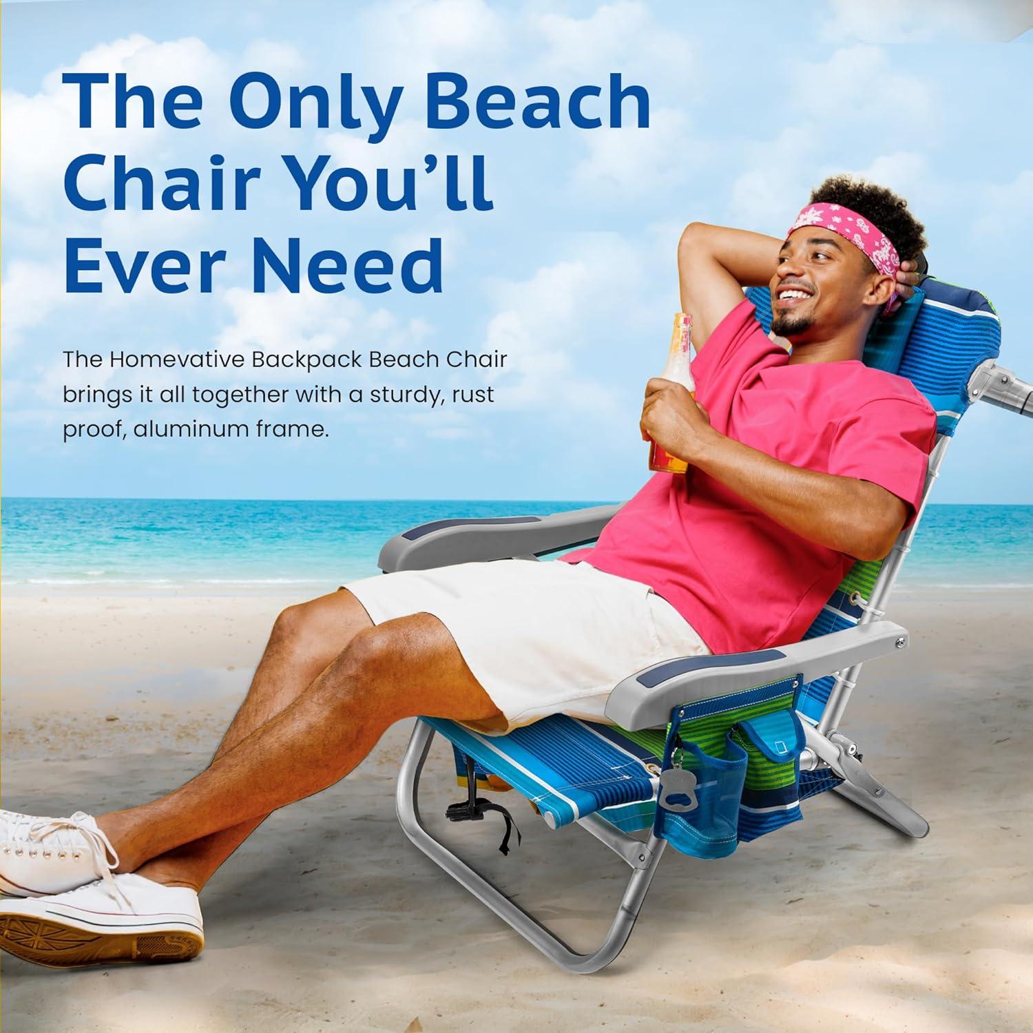 Homevative Cooler+ Folding Backpack Beach Chair with 5 Positions, Towel bar, XL Cooler Pouch, Storage Net, Cup and Phone