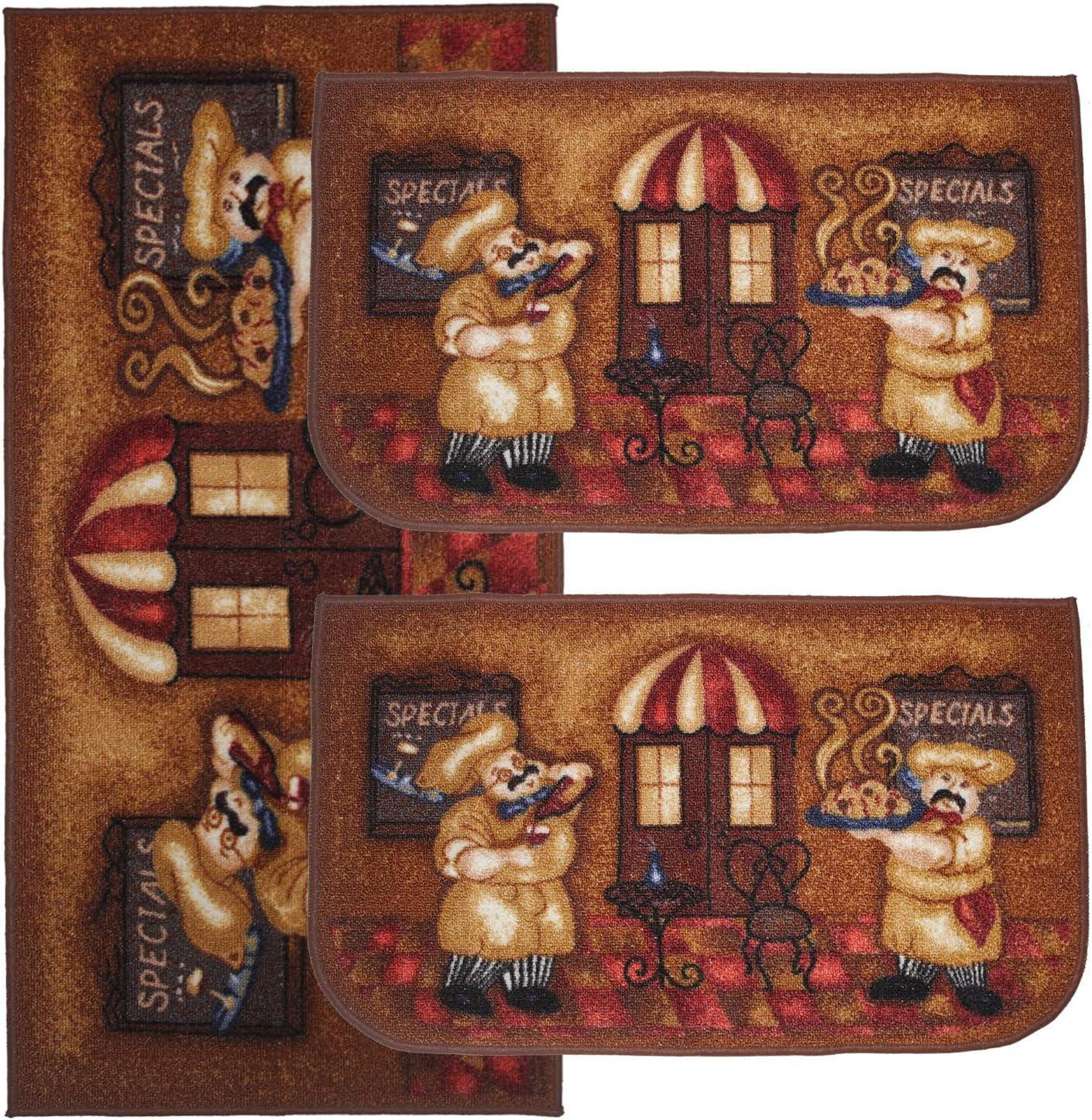 Kashi Home Kitchen Rug, Printed Area Rug, Durable Floor, Door Mat, Farmhouse Non-Slip Carpet Latex Backing Beautiful Design Chef 3pc Set (2 18x30 D Shape & 1 20x40)