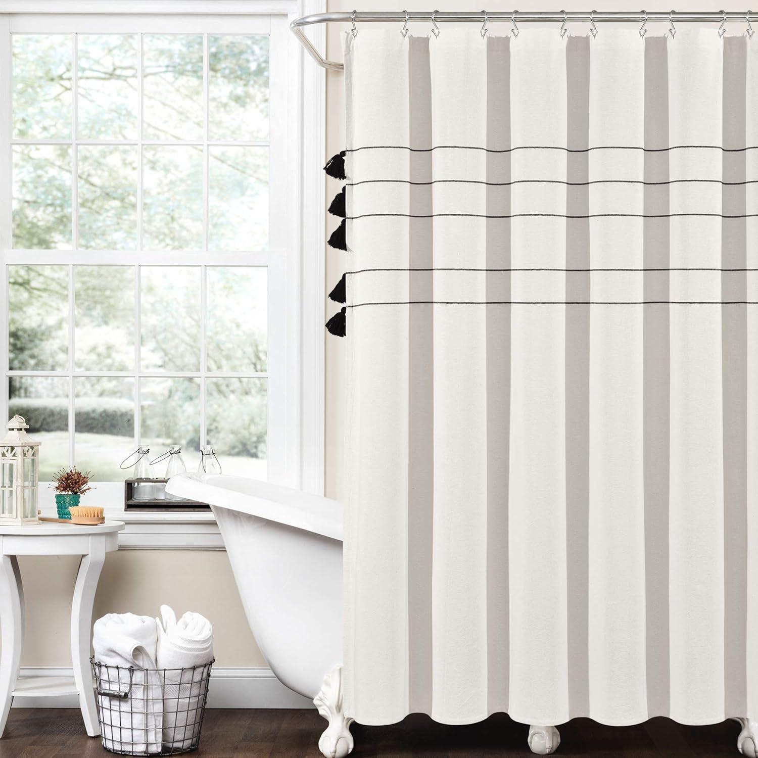 Ivory and Black Cotton Boho Stripe Shower Curtain with Tassels