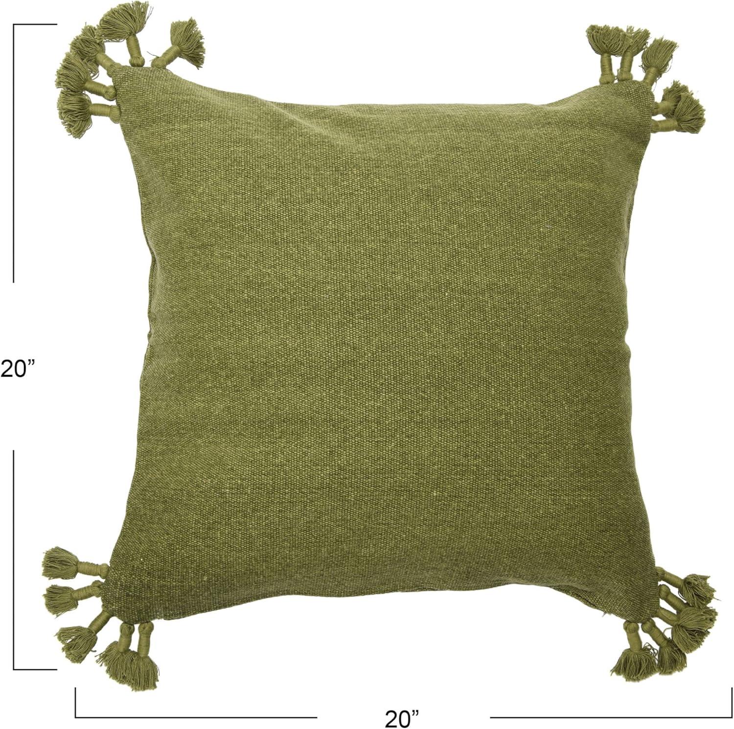 Green Cotton Canvas Pillow Cover with Tassels, 20" x 20"