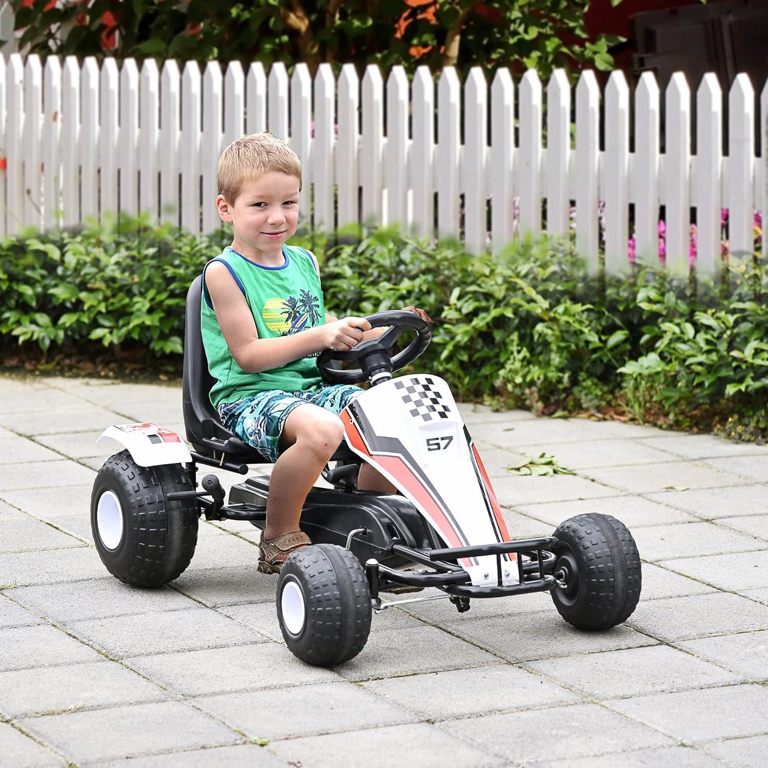 Aosom Pedal Go Kart Children Ride on Car Racing Style with Adjustable Seat, Plastic Wheels, Handbrake and Shift Lever, White