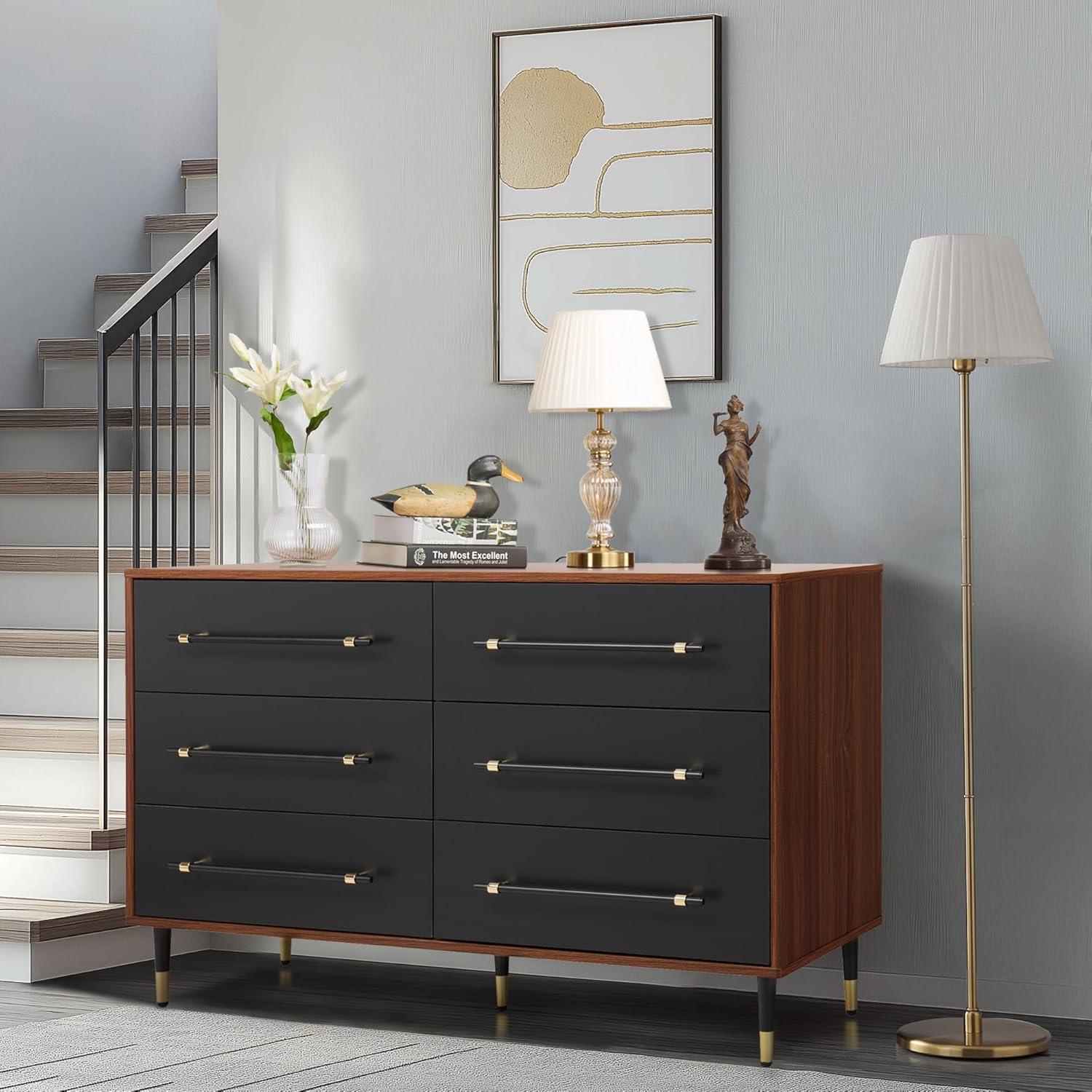Finnhomy 6 Drawer Dresser for Bedroom, Mid Century Modern Dressers with Black Drawers, Wood Gold Dresser & Chest of Drawer with Wide Metal Handle Wooden Dresser for Bedroom/Living Room/Hallway