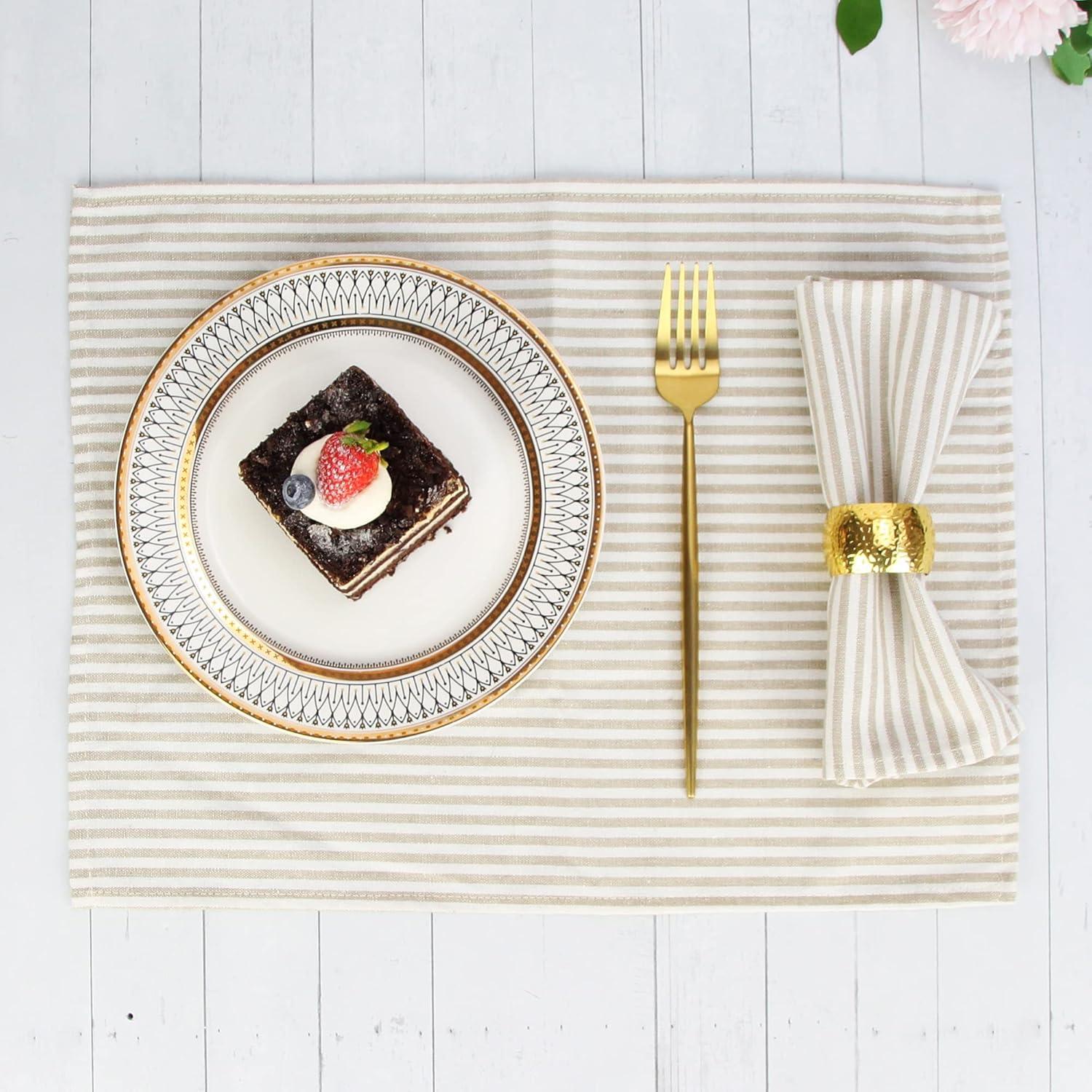 Plain Striped Cotton Linen Blended Dinner Cloth Napkins - Set of 12 (40 x 30 cm) - for Events & Home Use (Beige)