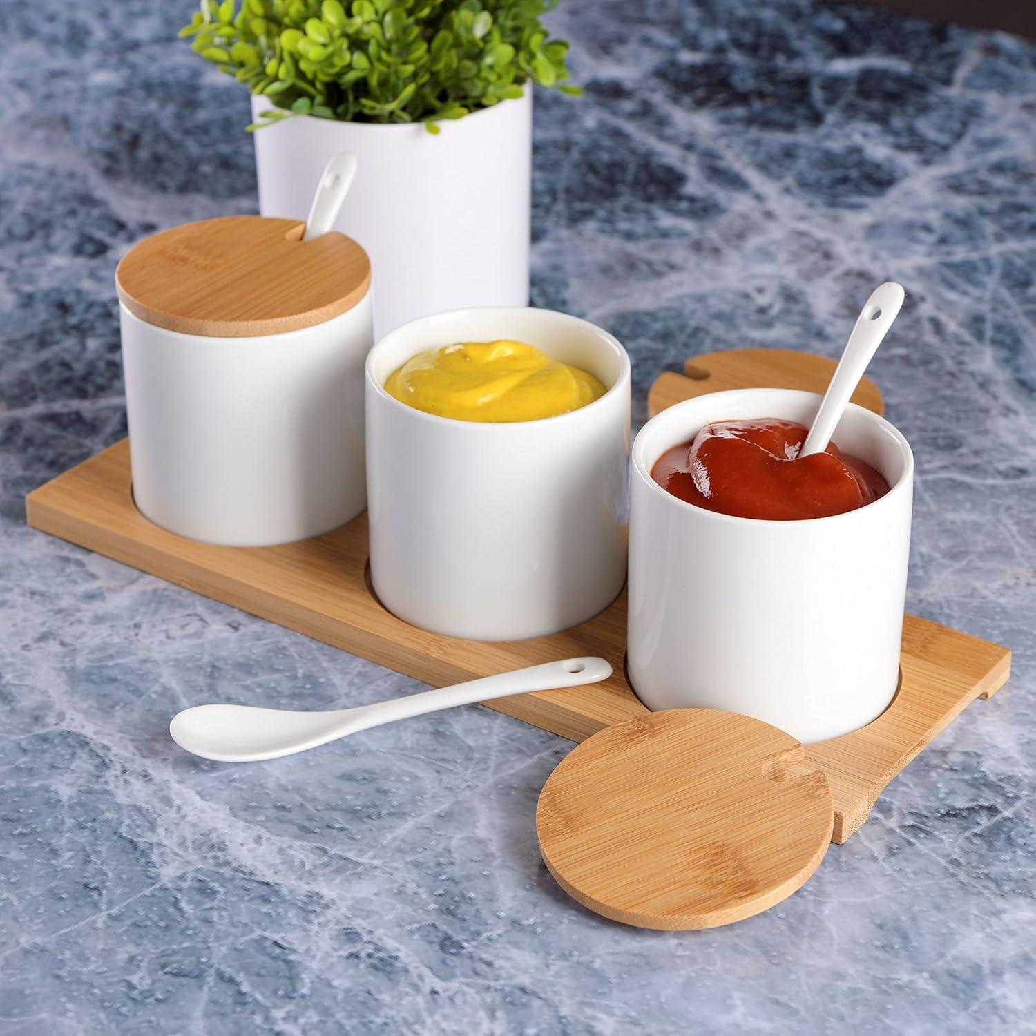 Gibson Gracious Dining 10 Piece Fine Ceramic Condiment Jars with Bamboo Lids and Spoons in White