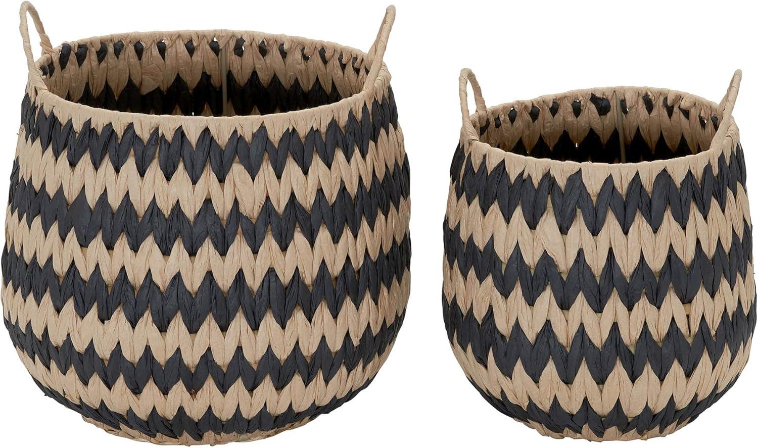 Household Essentials Set of 2 Flame Stitch Baskets Cattail and Paper Fibers: Handwoven Round Black Decorative Storage