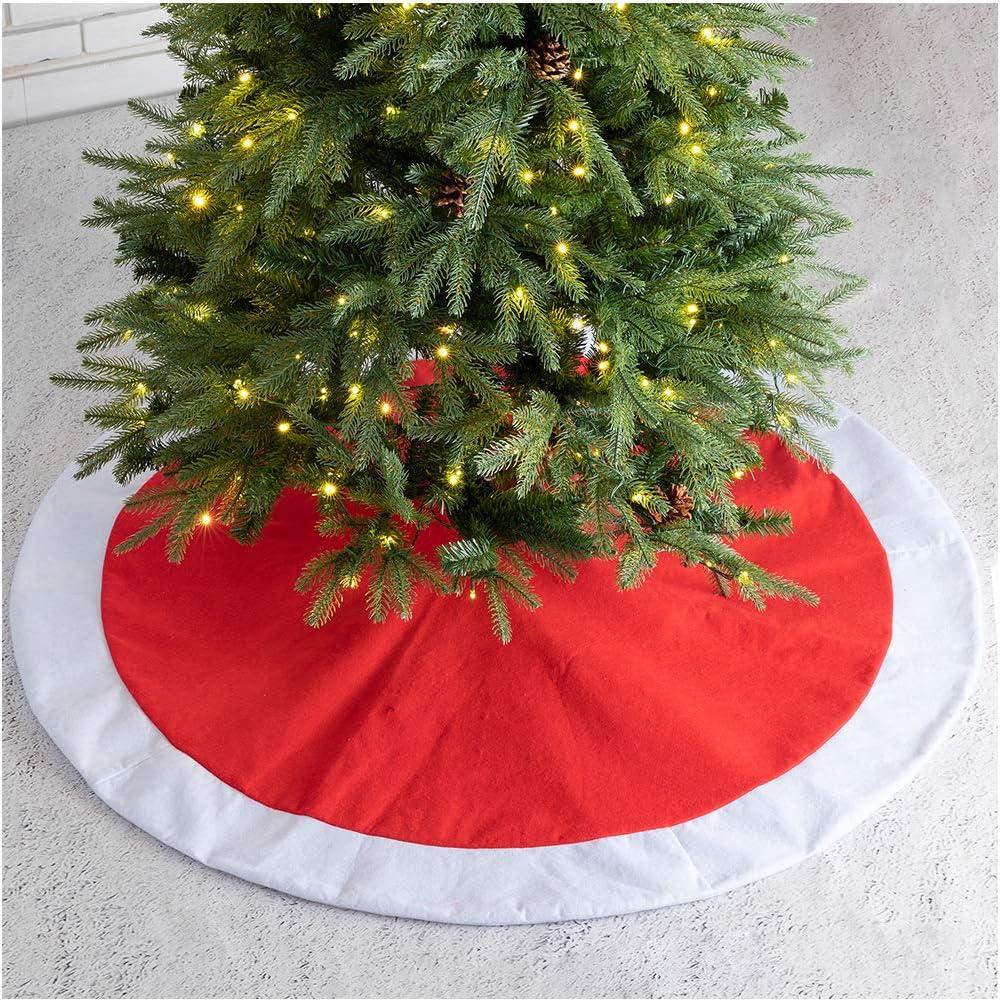 48" Red and White Felt Christmas Tree Skirt with Trim Embellishment