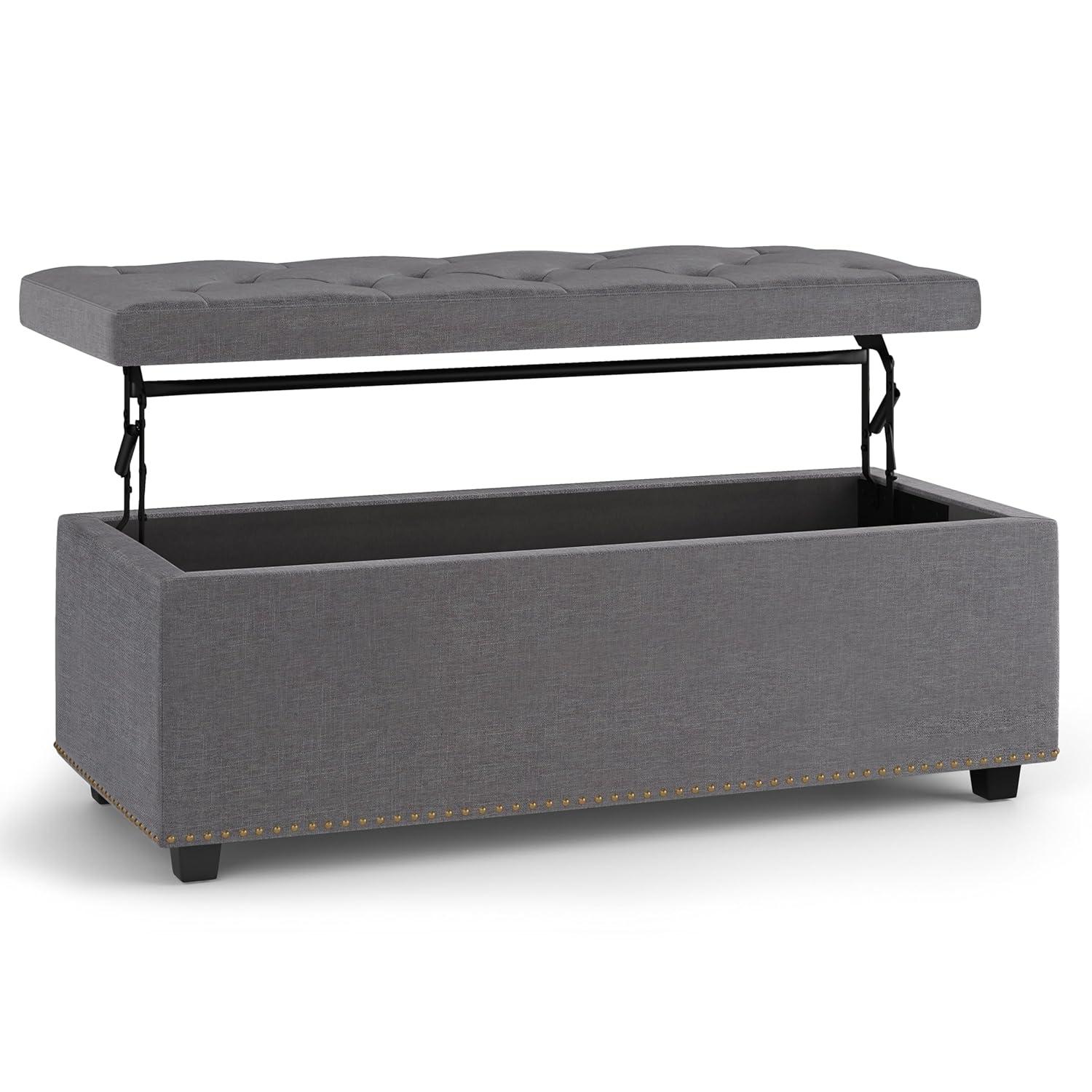 Simpli Home Hamilton 44"W Upholstered Lift-Top Storage Ottoman with Nailhead Trim and Tufted Detailing