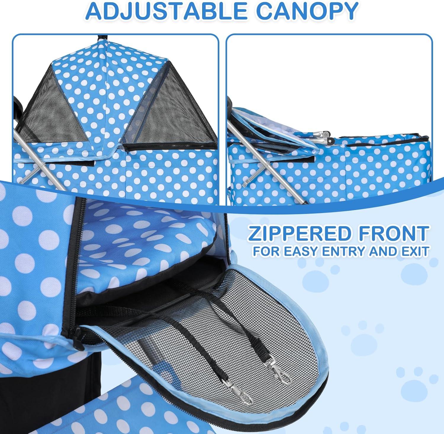 MoNiBloom 4 Wheel Foldable Dog Pet Stroller with Cup Holder, Sky Blue with White Polka Dots