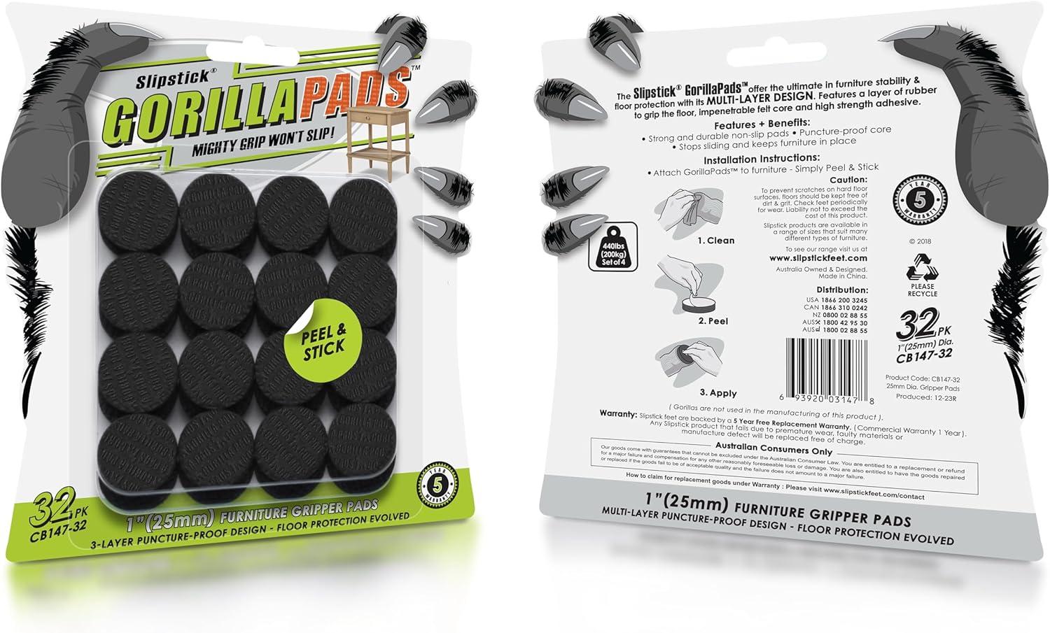 Slipstick Gorillapads Cb147 Non Slip Furniture Pads/Gripper Feet (Set Of 32) Self Adhesive Rubber Floor Protectors, 1 Inch Round, Black (Set of 32)