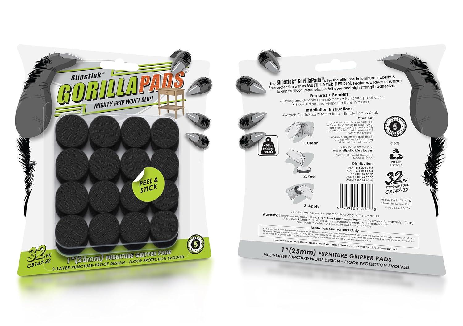 Slipstick Gorillapads Cb147 Non Slip Furniture Pads/Gripper Feet (Set Of 32) Self Adhesive Rubber Floor Protectors, 1 Inch Round, Black (Set of 32)