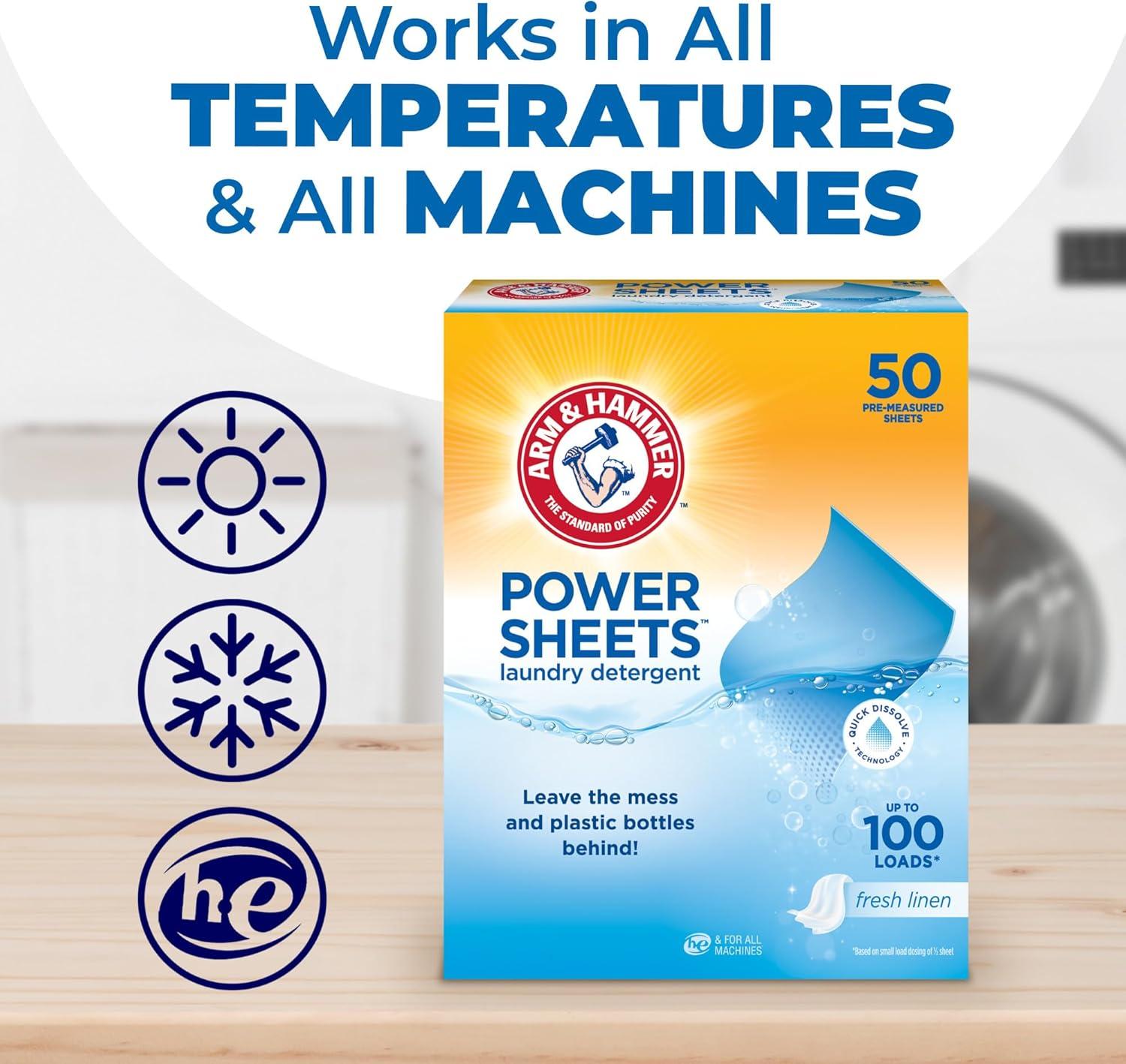 ARM & HAMMER Power Sheets Laundry Detergent Sheets, Fresh Linen, 50 Count, up to 100 Loads