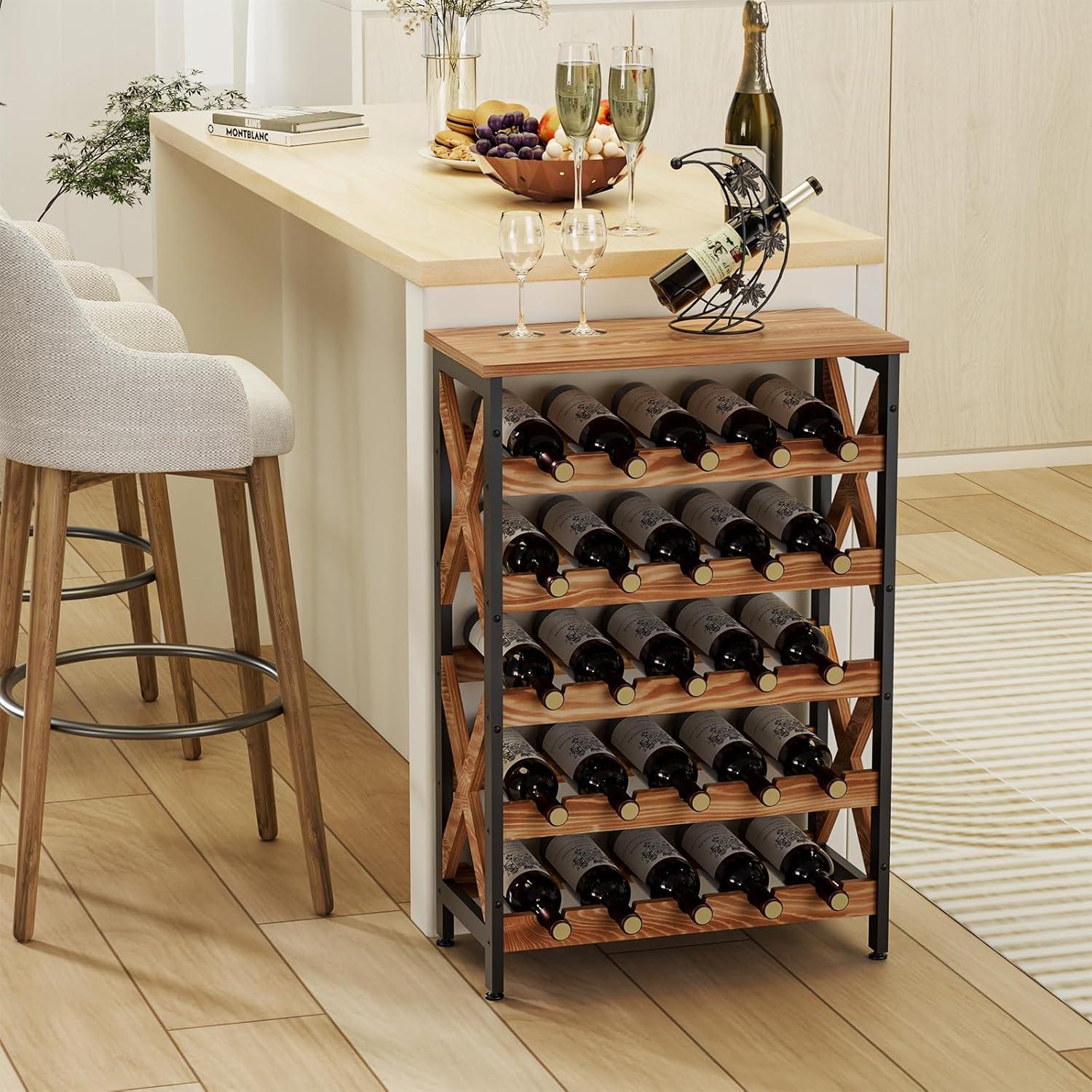 X-cosrack 25-Bottle Wine Rack Free Standing Floor, Rustic Wine Holder Stand 5 Tier Wobble-Free Tall Large Display Storage Shelf