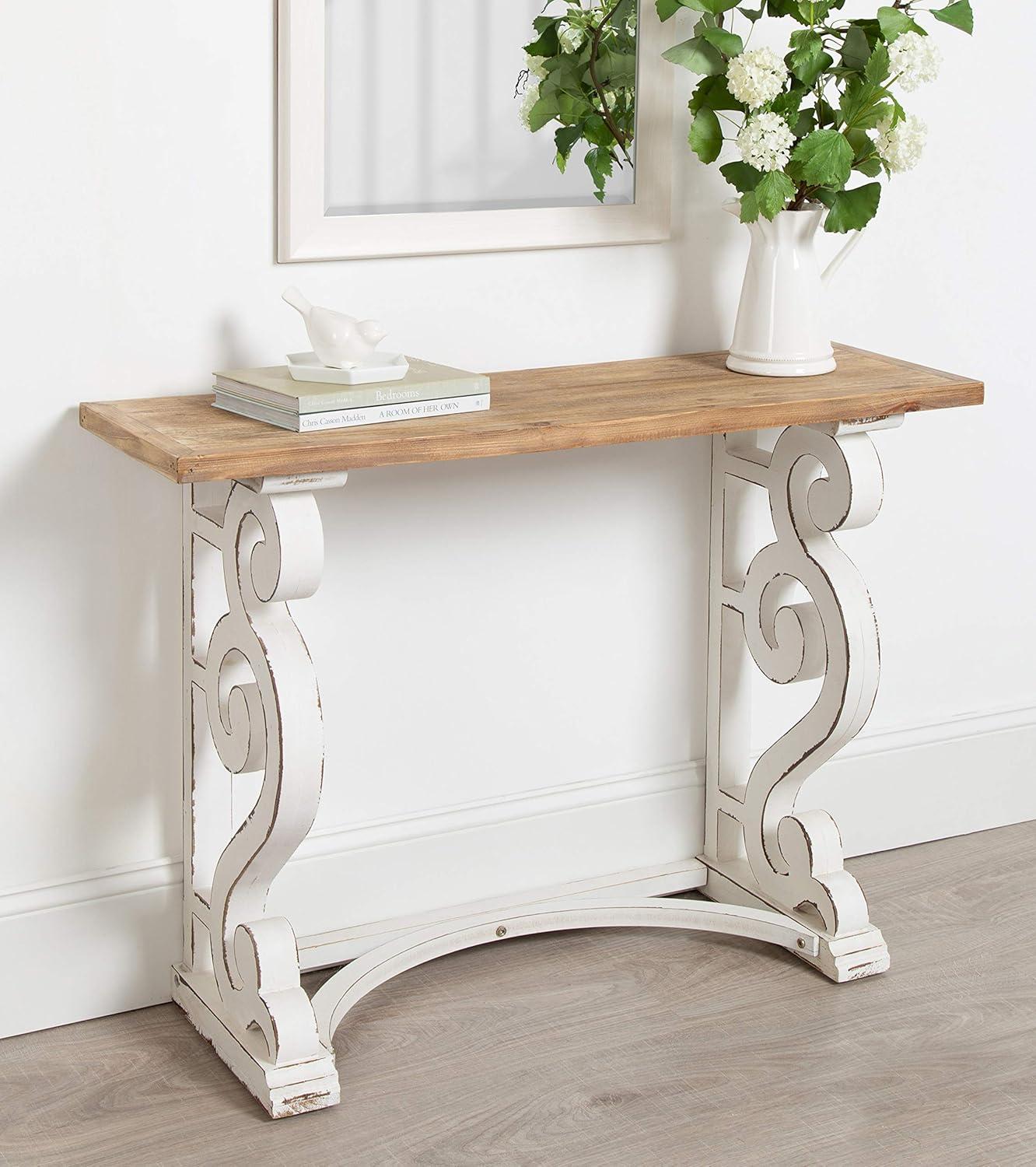 Kate and Laurel Wyldwood Country French Solid Wood Console table - Rustic/White legs - Natural Wood top 42 Inches Wide x 14 Inches Deep x 30 Inches Tall