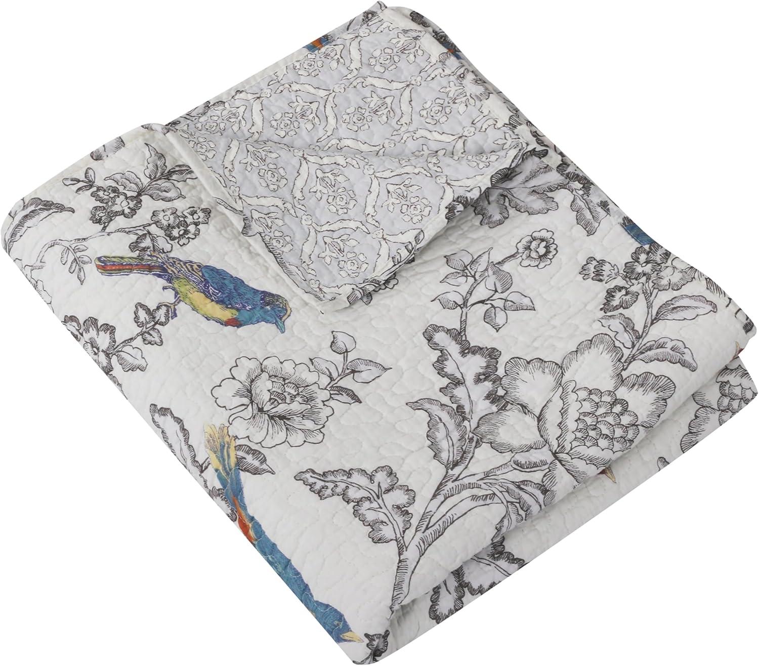 French Toile Inspired Reversible Cotton Quilted Throw in Grey