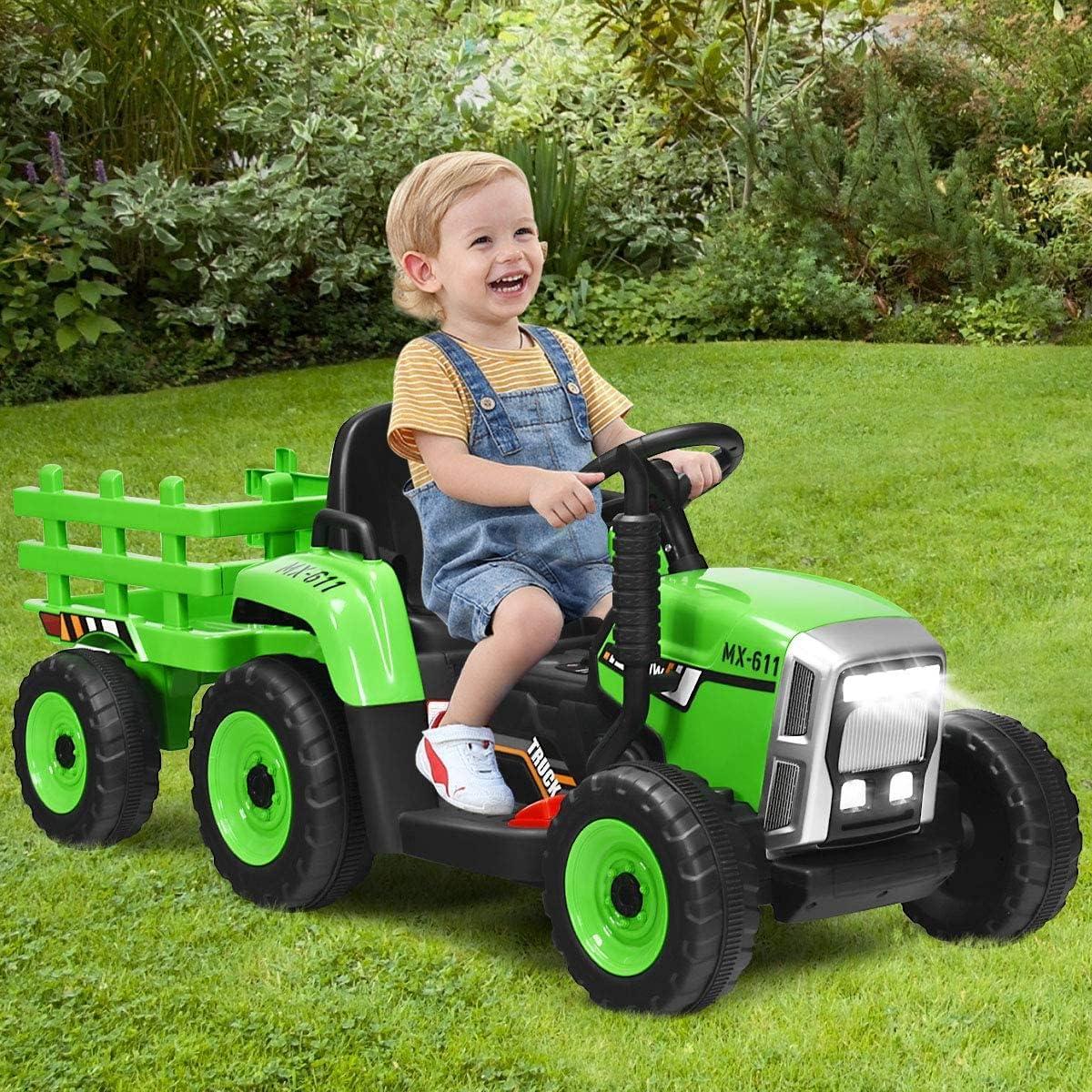 Green 12V Kids Ride-On Tractor with Trailer and Remote Control