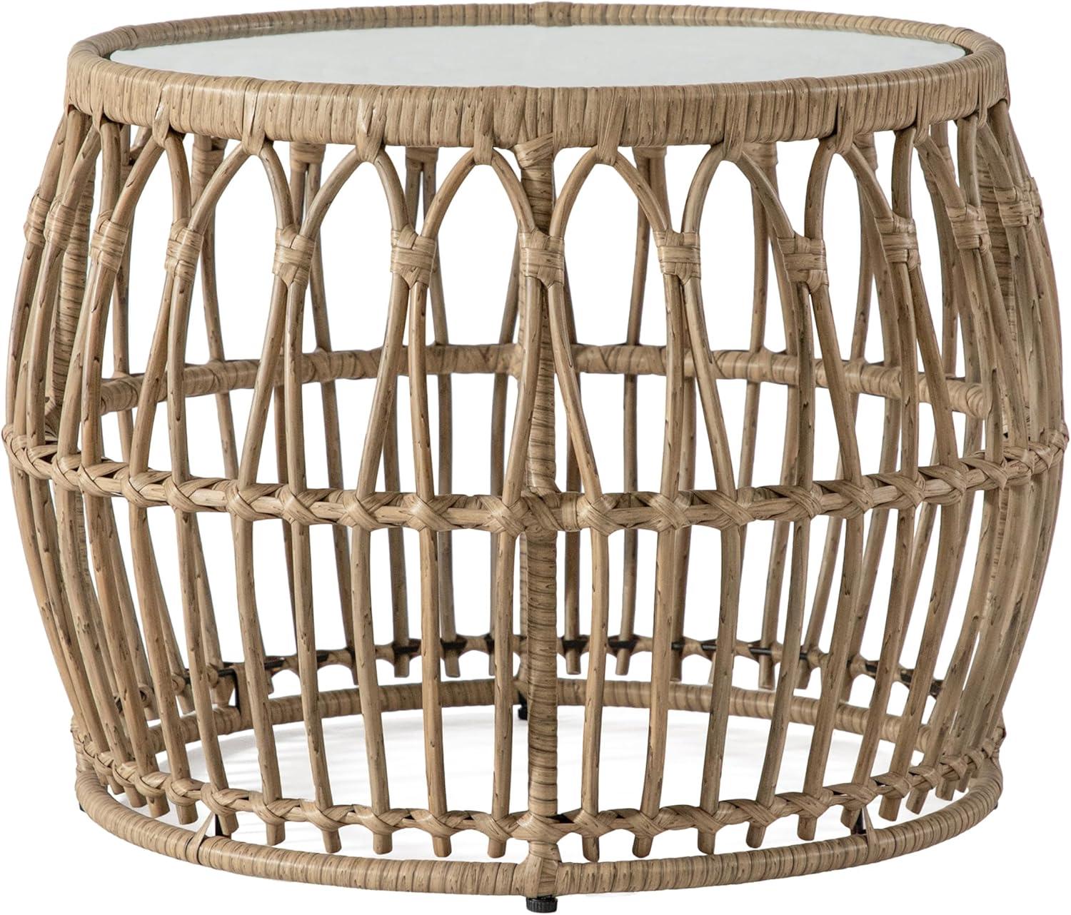 Furniture of America Roja Round Glass Top and Rattan Natural Coffee Table